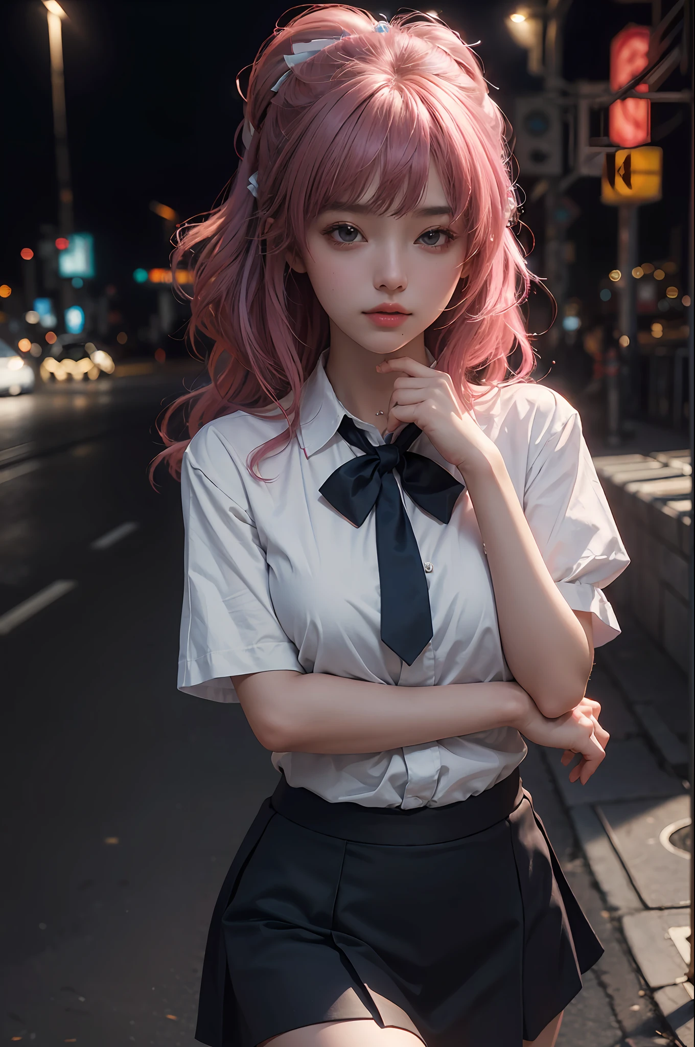 (RAW photo, 4k, masterpiece, high resolution, extremely complex) (realistic: 1.4), cinematic lighting
1 Girl, Single Focus, Summer Noon, Hot, 1990s\(Style\), Big Breast, (8K, RAW photo, Best Quality, Masterpiece:1.3), (Realistic, Photo-Realistic:1.37), (Night), (Looking at Viewer:1.331), (Pink Hair), Posing, Shanghai street,nightcityscape, cyberpunk city,soft light,1girl,extremely beautiful face,bust,Random hairstyle,Random expression,big eyes,bow,lower abdomen,(short-sleeved . JK_shirt),JK_style,(dark blue JK_skirt) ,(bow JK_tie),mix4..