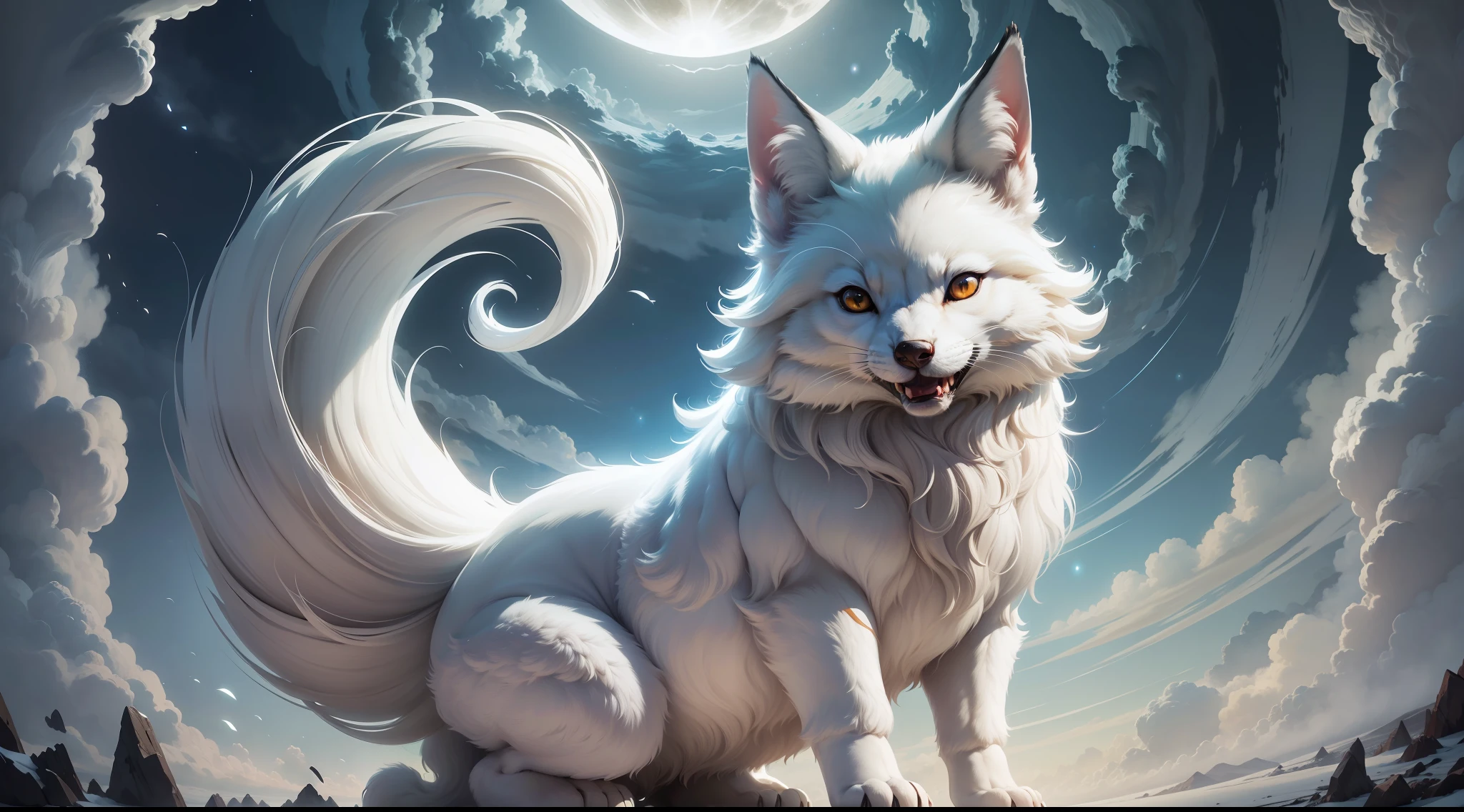 Super huge white fox, Q version, cute, cute, big eyes, look at me, nine tails, long roaring up to the sky, moon, night view, tumbling heavy sea of clouds at your feet, high mountains, stereoscopic perspective, master works, super fine, 4k resolution, high quality, movie lighting, high picture detail, dynamic viewing angle, detailed, epic shooting