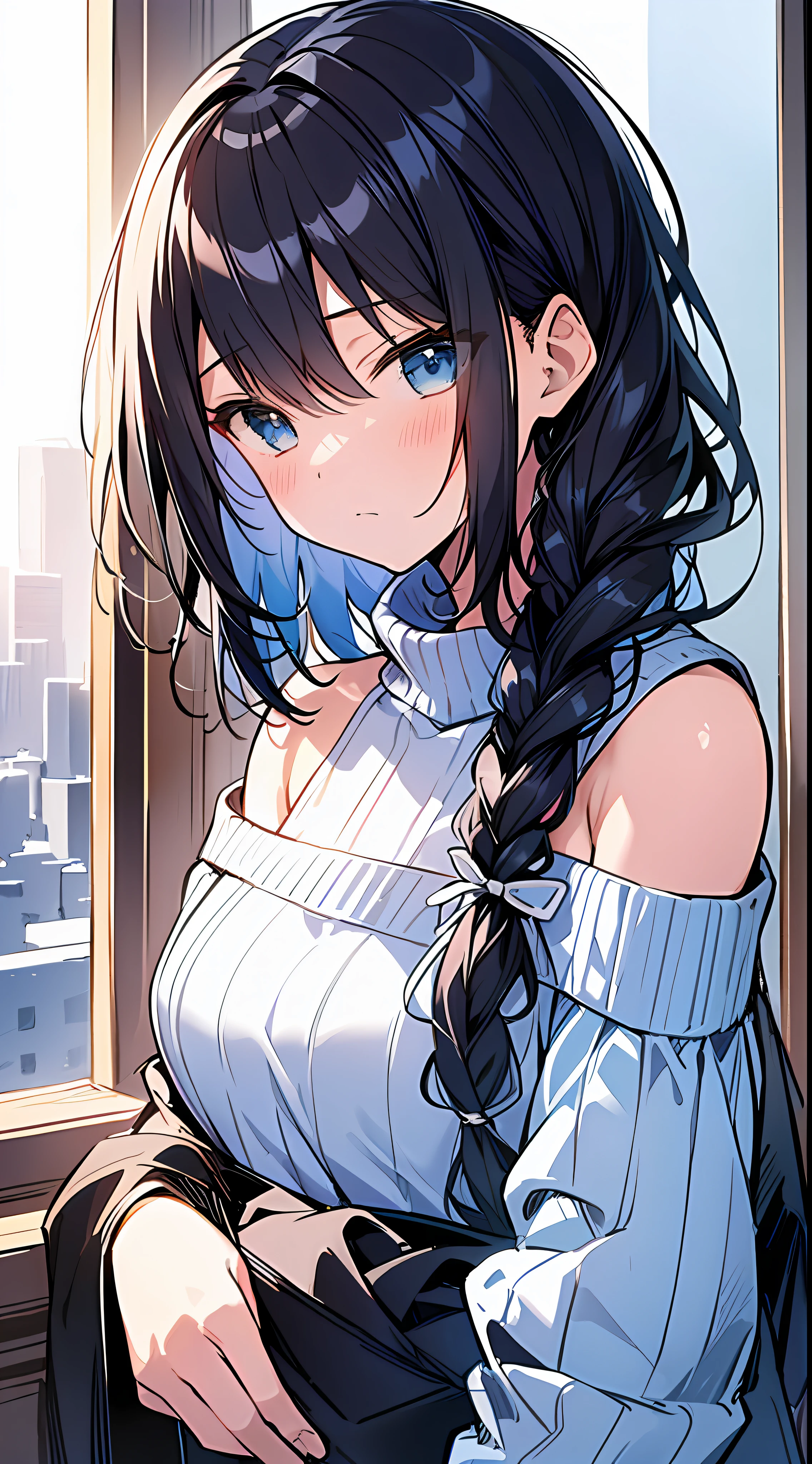 Top Quality, Masterpiece, Ultra High Resolution, 8K, Light Blue Sweater, Anime Style Little , Single, Ultra Detailed Line Art, Digital Enhancement, Anime Core, Flowing Fabric, Close Up, Hair Length to Shoulder and Short Braid, Staring Straight At You, Soft Drawing, Beautiful Black Hair, Looks Really Weak, Crisp Eyes