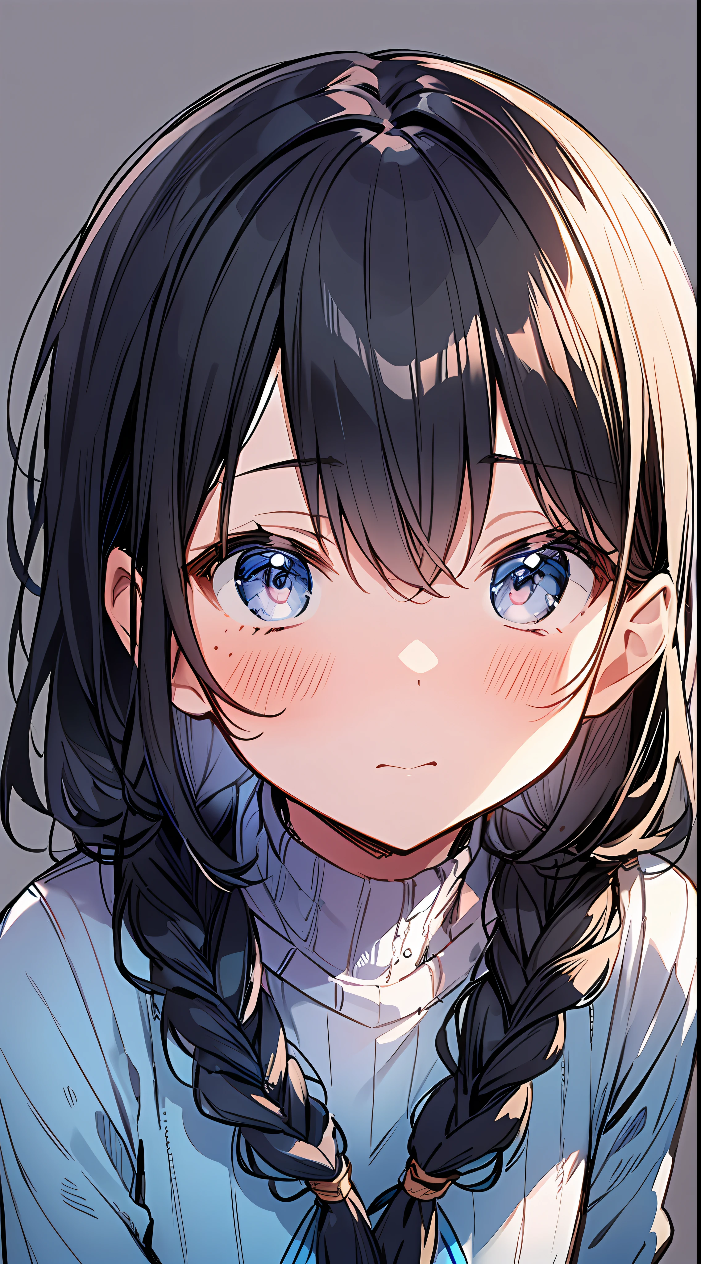 Top Quality, Masterpiece, Ultra High Resolution, 8K, Light Blue Sweater, Anime Style Little , Single, Ultra Detailed Line Art, Digital Enhancement, Anime Core, Flowing Fabric, Close Up, Hair Length to Shoulder and Short Braid, Staring Straight At You, Soft Drawing, Beautiful Black Hair, Looks Really Weak, Crisp Eyes