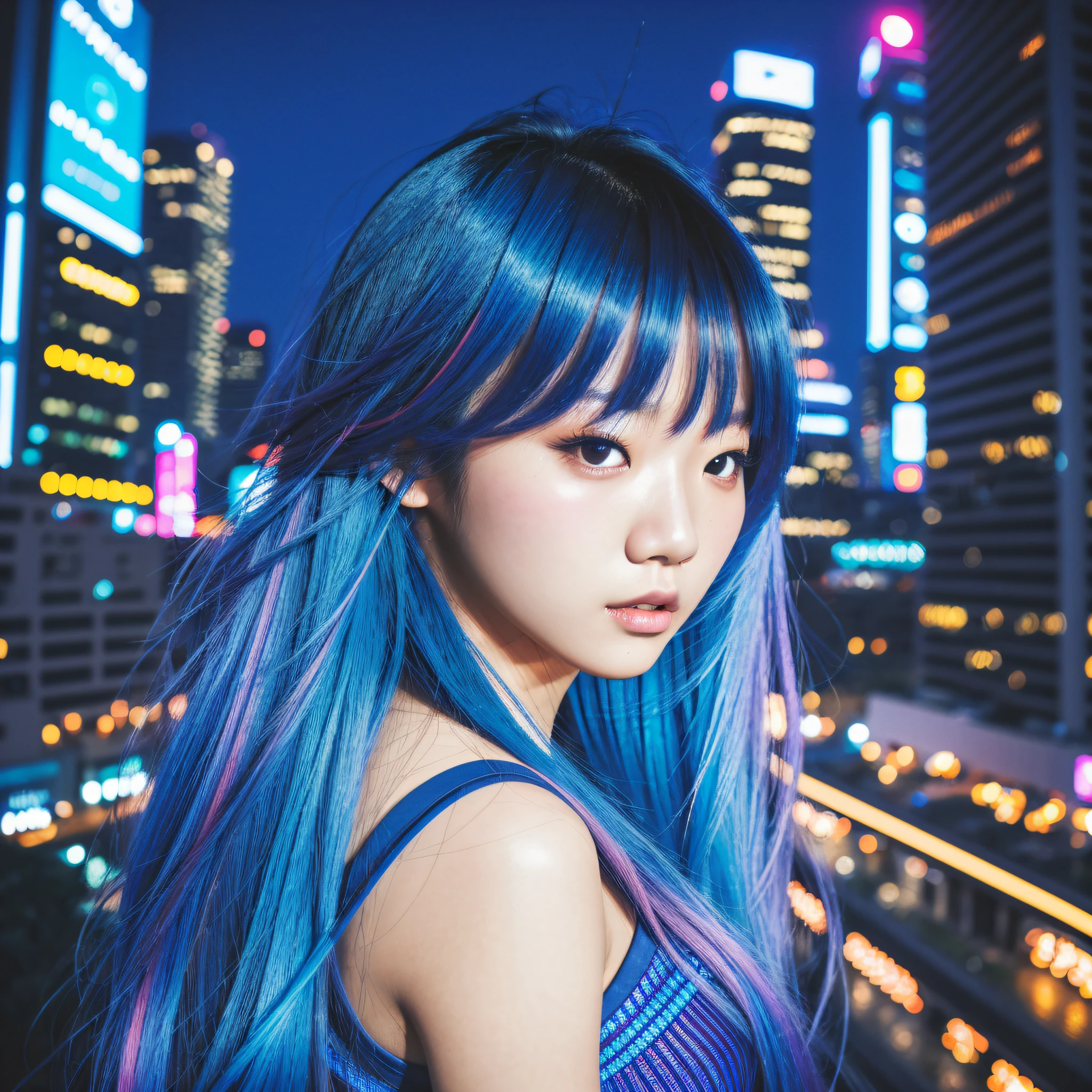 Best Quality Photo, Ultra High Resolution Photo, 1 Korean Girl, Amazing City View, Night, Dark Blue Hair, Very Long Hair, Off-the-Shoulders, (Gradient Neon Color: 1.5), Flash, Cinematic Lighting, Realistic, Lifelike Skin, HDR, --auto --s2