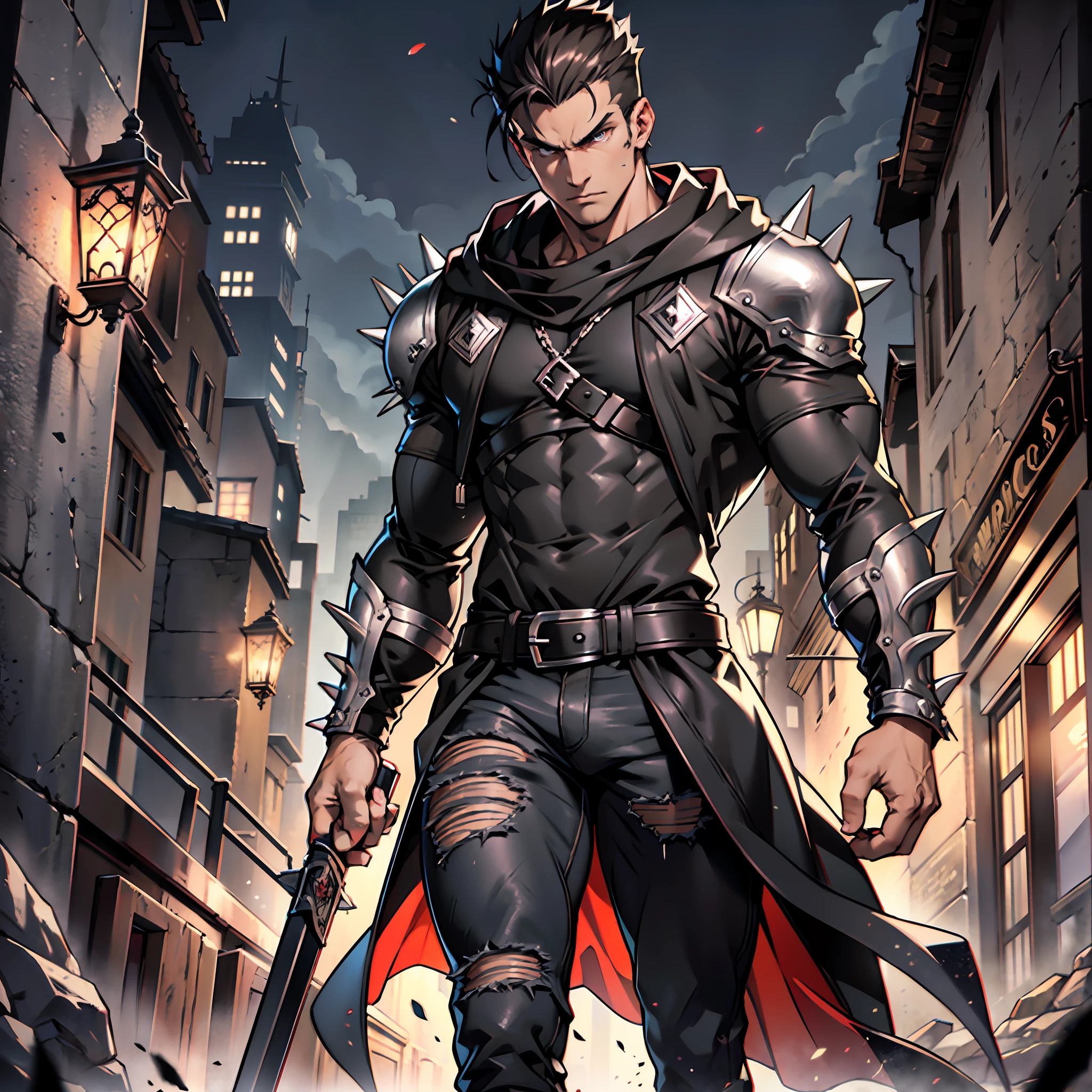 Muscular man, strong physique, thin, black hooded jacket, long black jeans, black boots, spiky dark brown hair, serious look, short hair, silver-colored eyes, mafia appearance, dark energy around, walking through the ancient kingdom, medieval setting, at night.