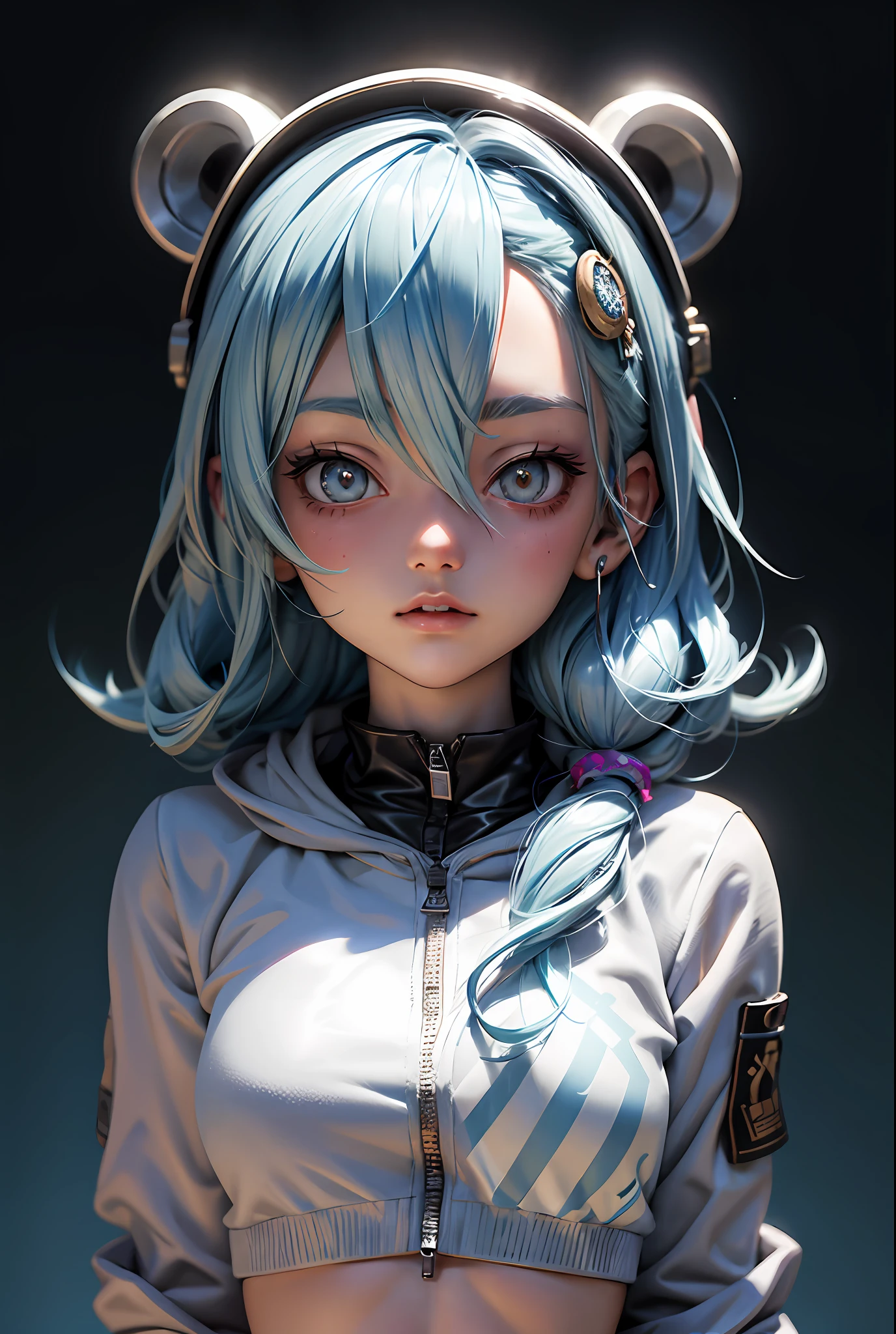 Masterpiece, best quality, official art, 8k wallpaper, very detailed, illustration, 1 girl, sky blue hair, hooded sweatshirt, bear motif on hat