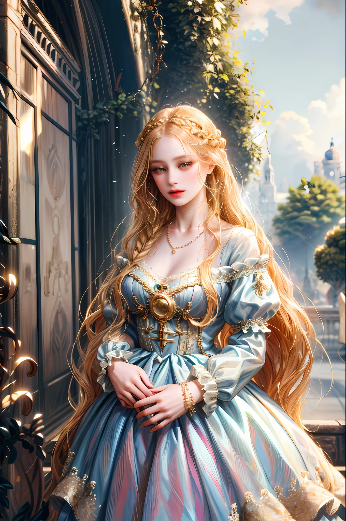 (absurdres, highres, ultra detailed), 1girl, solo, mature, (very long hair, blonde hair), Baroque, Necklace, long dress, long sleeve, elegant, colorful, highest detailed, upper body, outdoors, garden