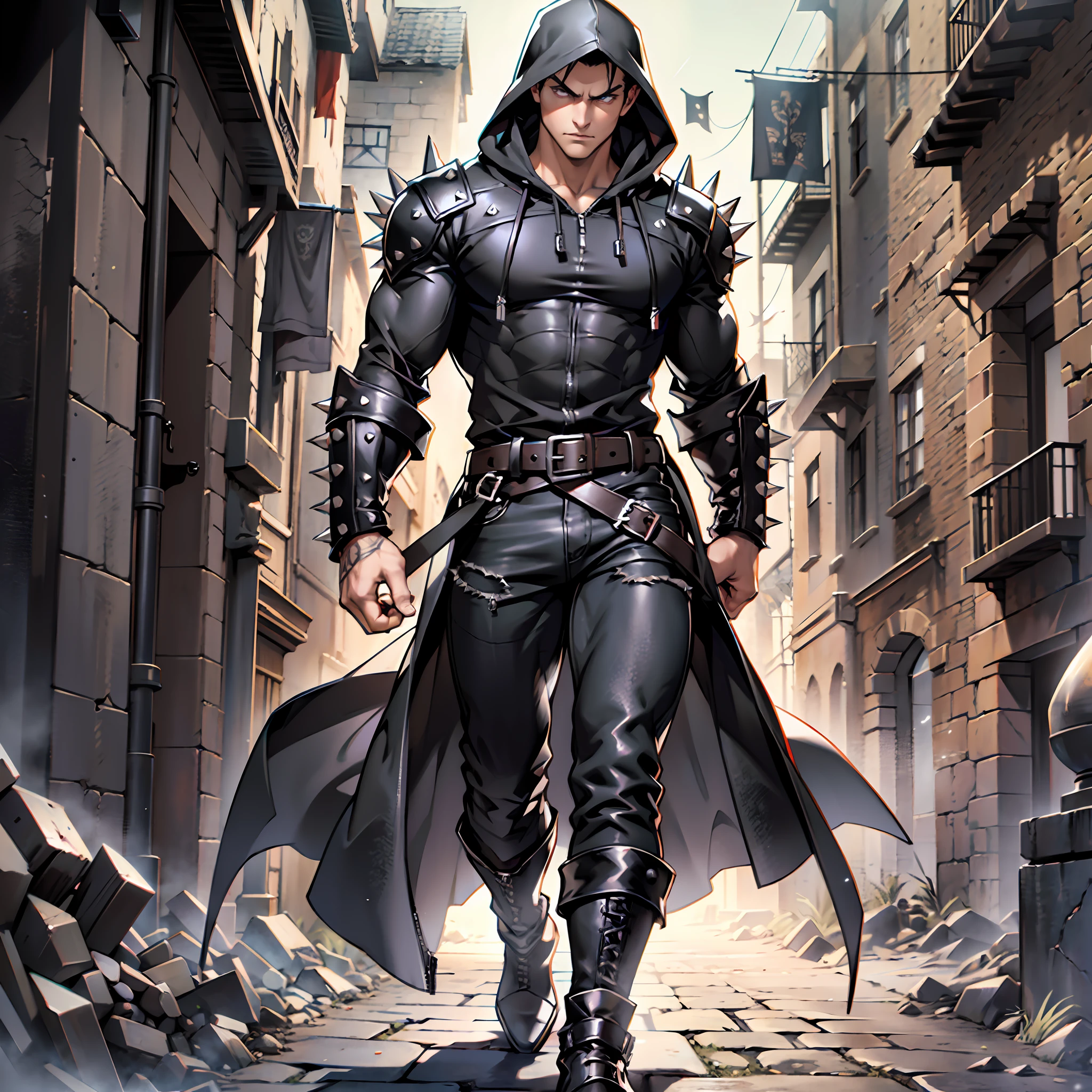 Muscular man, strong physique, thin, black hooded jacket, long black jeans, black boots, spiky dark brown hair, serious look, short hair, silver-colored eyes, mafia appearance, dark energy around, walking through the ancient kingdom, medieval setting, at night.
