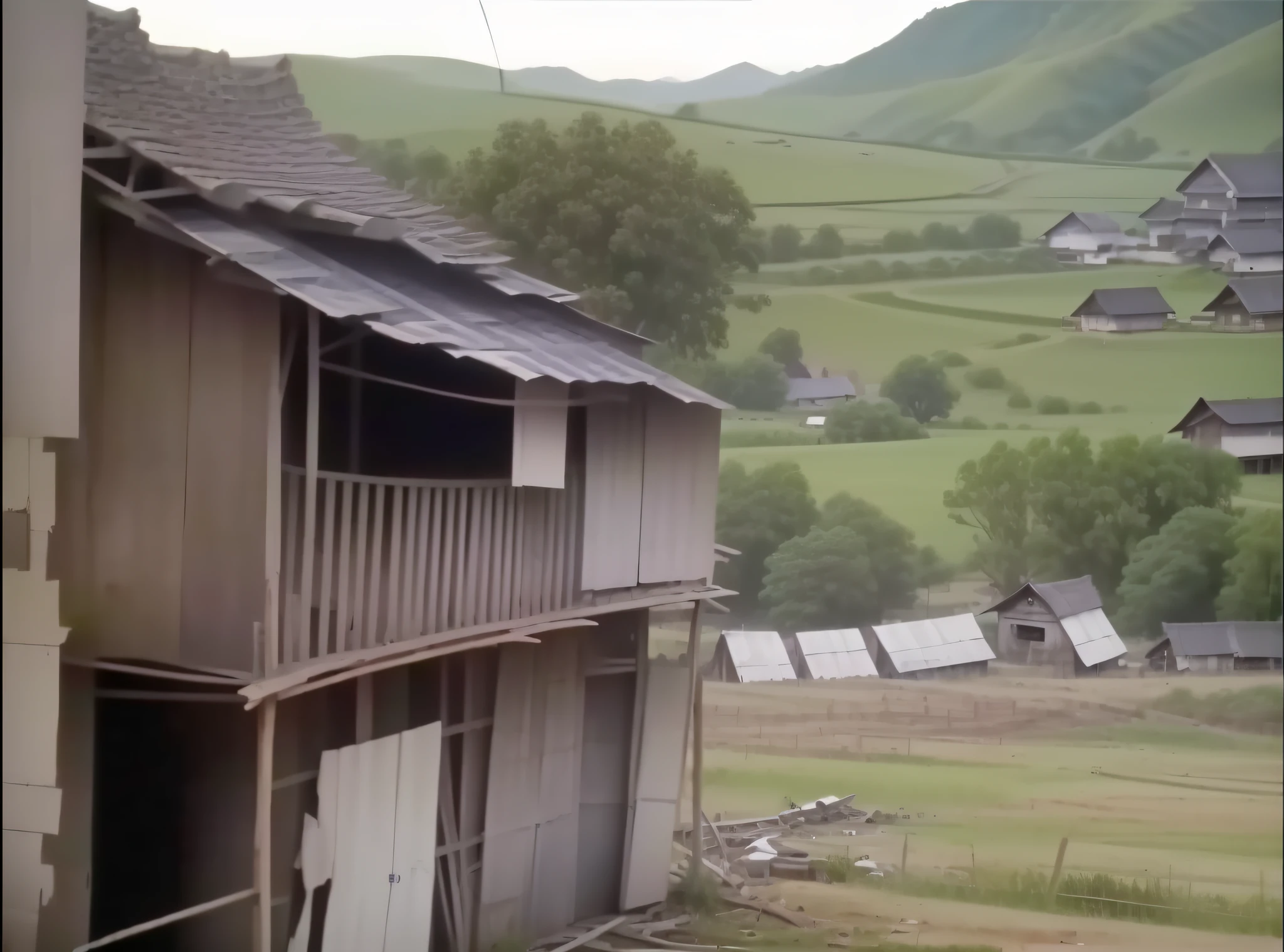 There is a picture of a house in the middle of a field, village, video still, abandoned war-torn village, old asian village, a wide angle full shot, old house, location of dark old house, wide angle build shot, poor building, longhouse, video, village house