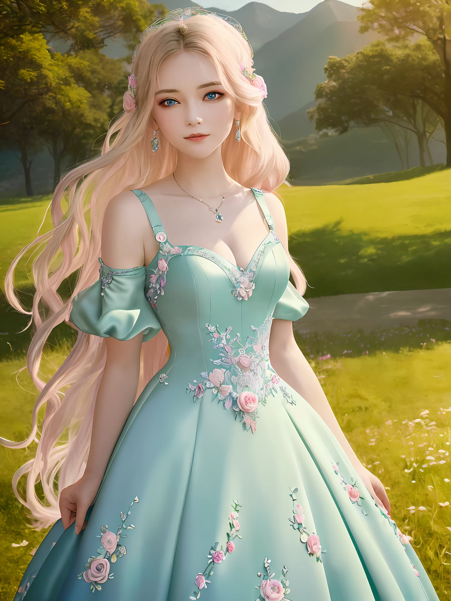 Masterpiece, highest quality, solo, (perfect face: 1.1), (high detail: 1.1), dramatic, dynamic pose, 1girl, breasts, blonde hair, bright blue eyes, solo, cleavage, delicate and characteristic pretty face, long hair, curved, small breasts, hanfu, thighs, intricate patterns, bare shoulders, slender and tall figure, pink lips, she is like a fairy in the mortal world, elegant and elegant. Her dress was made of silk and dyed a soft pink color to match the glow of the sky. The dress has intricate embroidery of flowers and birds, showing her elegant taste and noble status. She wore a jade-colored hairpin on her long black hair, which fluttered behind her as she ran. Her face is delicate and flawless, with bright eyes and rosy lips. She smiled and enjoyed the freedom and beauty of nature. The fields are covered with green grass and colorful wildflowers that sway in the breeze. The sun sets behind the mountains, casting a warm glow on the entire scene. She looks like a painting, a dream, a poem.