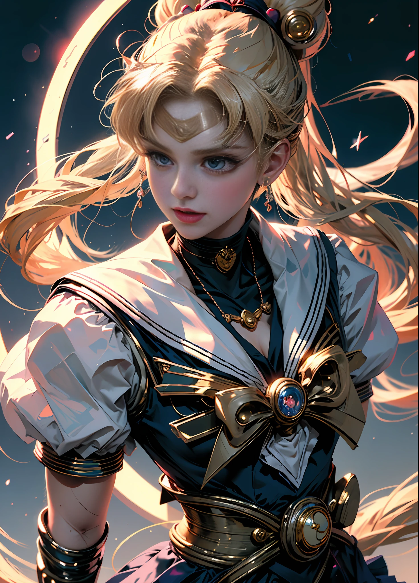 ((Masterpiece)), (Best Quality), (Ultra Detailed), ((Very Detailed)), 4K, (8K), Sailor Moon, Long Blonde Hair, Double Ponytail, Sailor Moon Aesthetics, Dream Core,