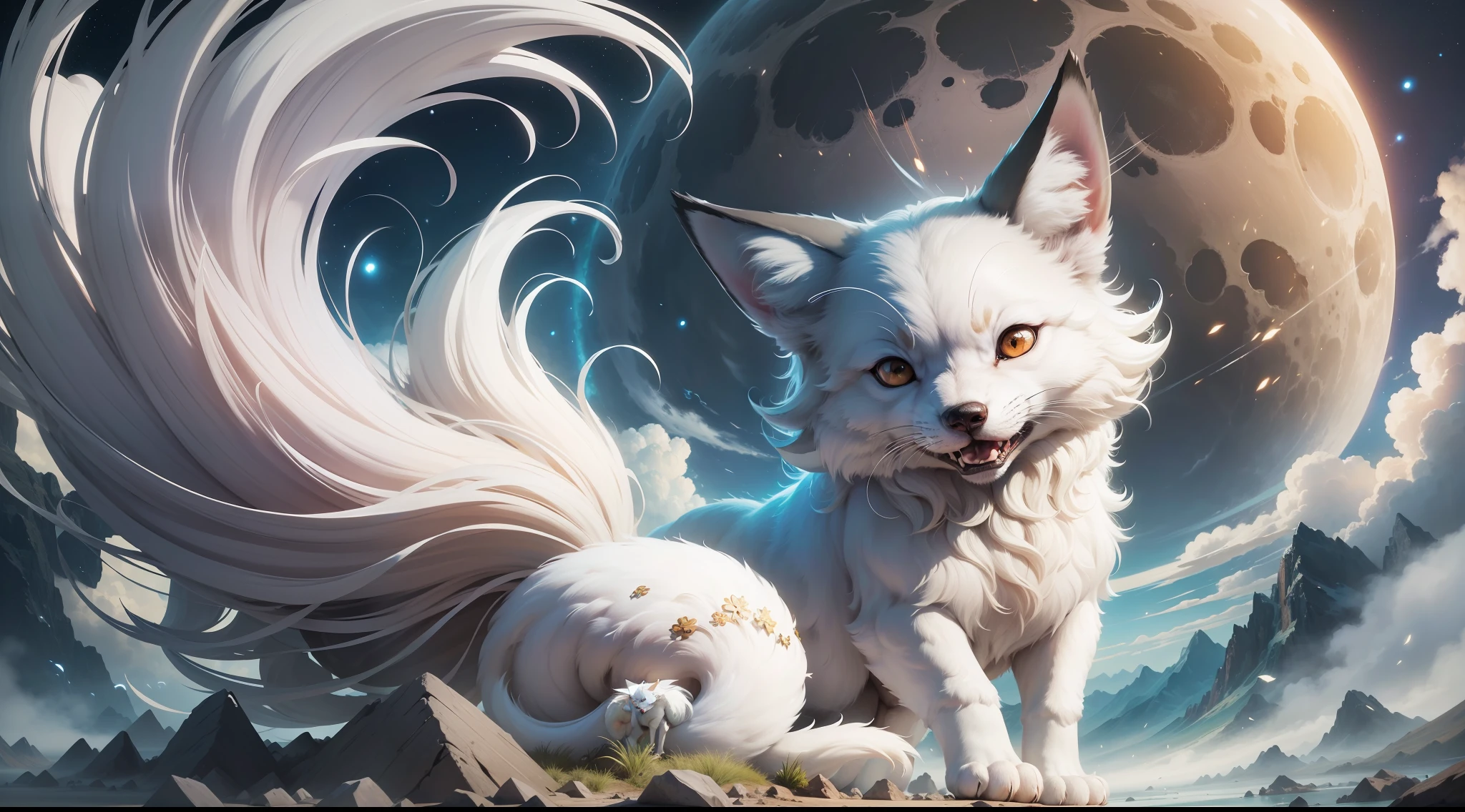 Super huge white fox, Q version, cute, cute, big eyes, look at me, nine tails, long roaring up to the sky, moon, night view, tumbling heavy sea of clouds at your feet, high mountains, stereoscopic perspective, master works, super fine, 4k resolution, high quality, movie lighting, high picture detail, dynamic viewing angle, detailed, epic shooting
