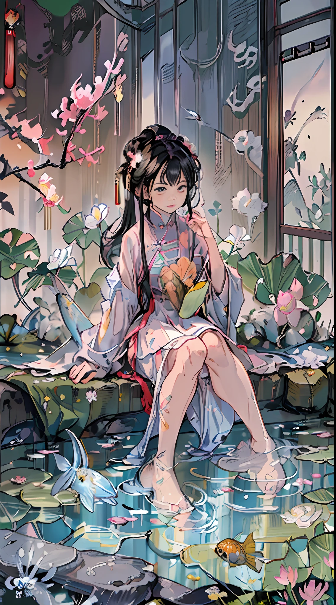 (Art: Yaguru Magiku, (001Glitch-core, Dreamcore), 8sconception, Alberto-Mielgo, anime-background-style-v2, Super Quality, Vaporwave, Synth Wave, Weirdcore, dreamy, full body, (Core background: 1.25), Water ring, Visual effects: Cinematic lighting, [[red, blue, green, yellow, black, white, pink, purple, denim shot, ((color)), ink painting, delicate and beautiful girl, ((illustration)), ((floating hair)), ((chromatic aberration)]] (sitting in pool with lotus: 1.1), (barefoot: 1.0), (Chinese garden: 1.0), wet (((paper cutting art)), Chinese, red and white, paper cutting, calligraphy, man and wife, (flowers, insects and fish),