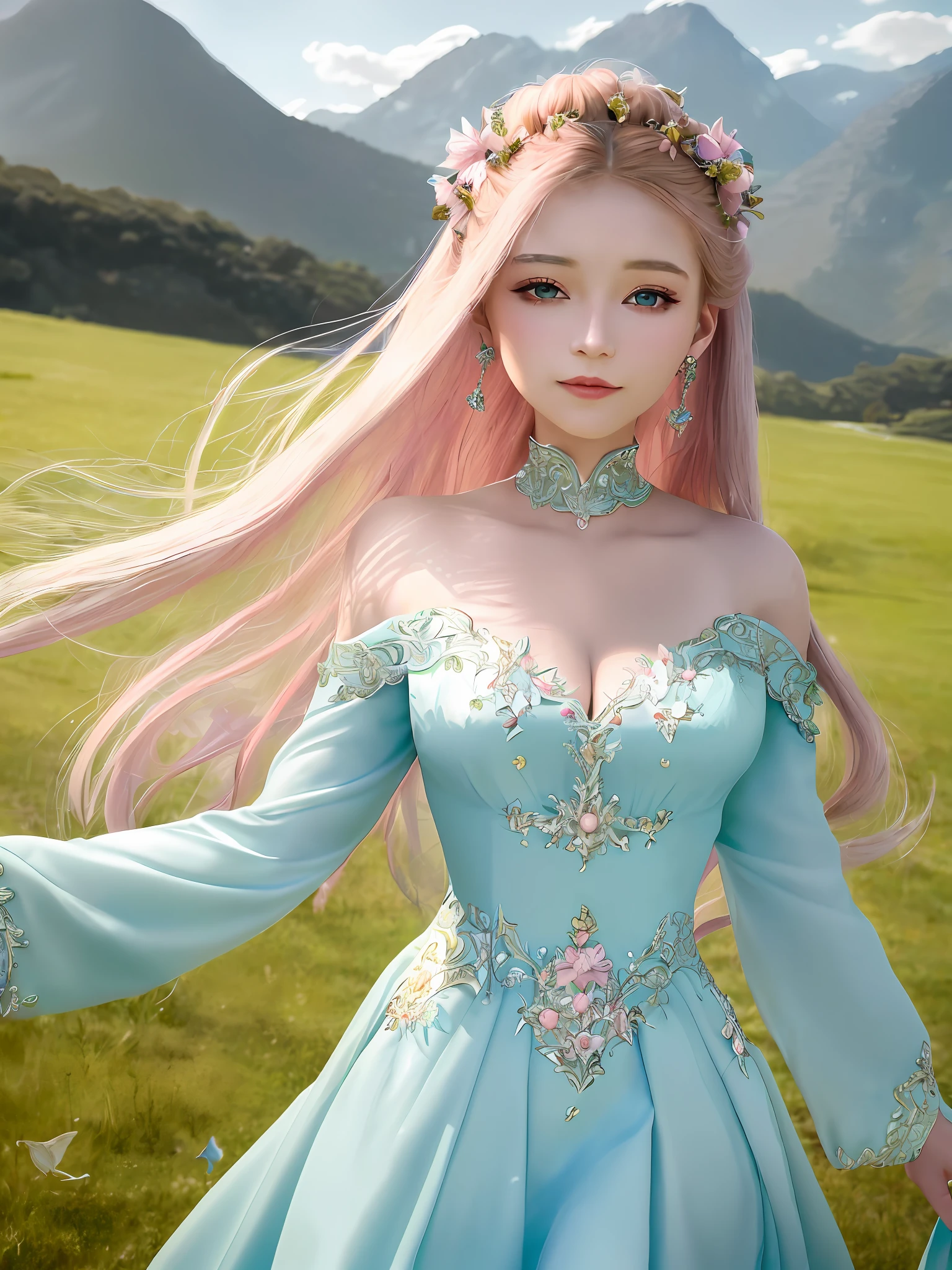 Masterpiece, highest quality, solo, (perfect face: 1.1), (high detail: 1.1), dramatic, dynamic pose, 1girl, breasts, blonde hair, bright blue eyes, solo, cleavage, delicate and characteristic pretty face, long hair, curved, small breasts, hanfu, thighs, intricate patterns, bare shoulders, slender and tall figure, pink lips, she is like a fairy in the mortal world, elegant and elegant. Her dress was made of silk and dyed a soft pink color to match the glow of the sky. The dress has intricate embroidery of flowers and birds, showing her elegant taste and noble status. She wore a jade-colored hairpin on her long black hair, which fluttered behind her as she ran. Her face is delicate and flawless, with bright eyes and rosy lips. She smiled and enjoyed the freedom and beauty of nature. The fields are covered with green grass and colorful wildflowers that sway in the breeze. The sun sets behind the mountains, casting a warm glow on the entire scene. She looks like a painting, a dream, a poem.