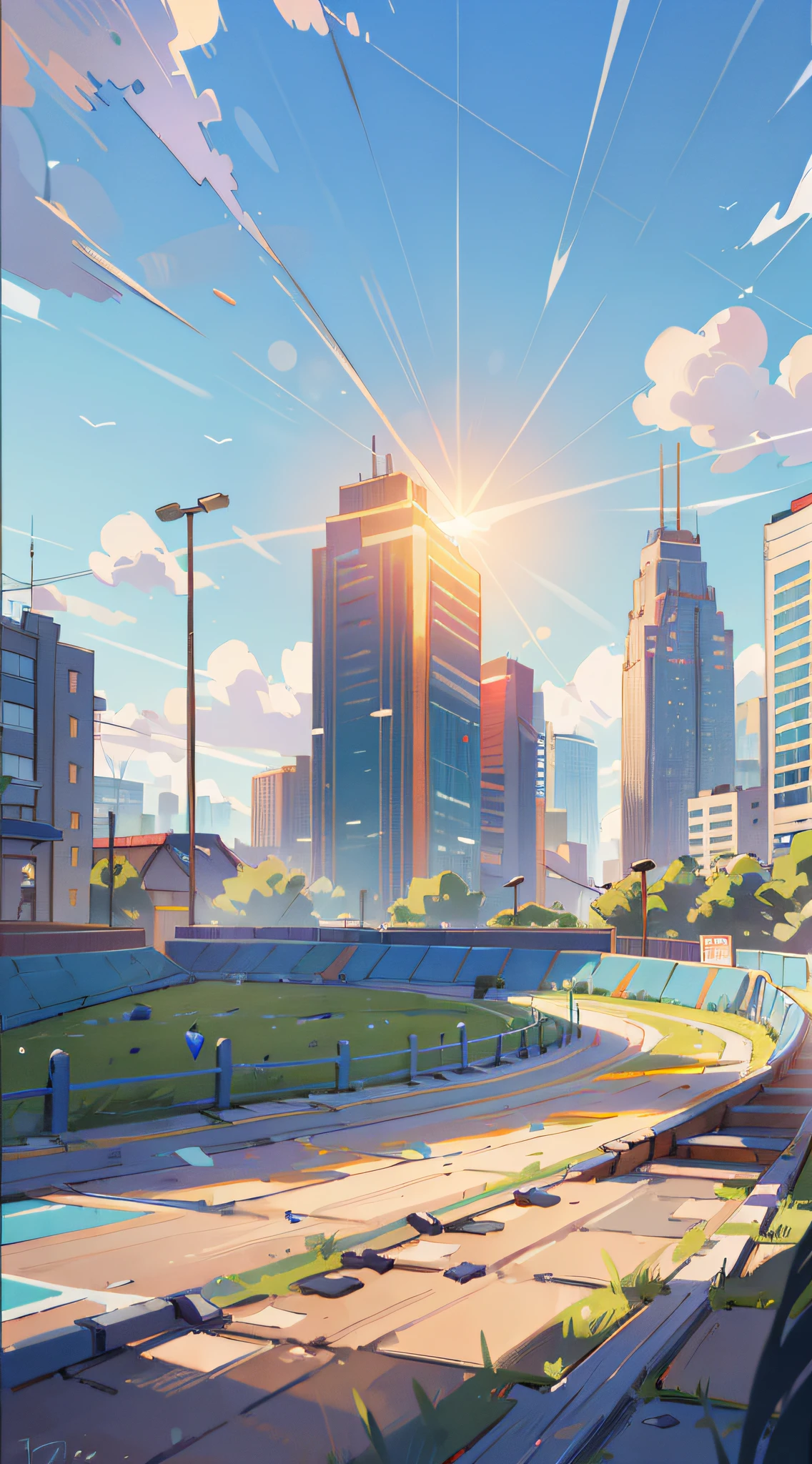 Masterpiece, Extreme Detail, (Best Quality: 1.2), Absurd, Realistic, Realistic, Ultra-detailed, Ray Tracing, High Resolution, Sharp Focus, 8K, Vibrant, Intricate, Clarity and Clarity, Realistic, Clouds, Sun, Clean Blue Sky, City Track, City, Marathon Track,