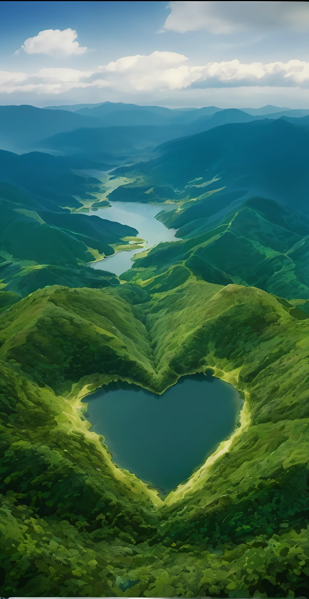 arafed view of a heart shaped lake in the middle of a green valley, really beautiful nature, beautiful nature, unbelievably beautiful, absolutely outstanding image, stunning nature in background, lovely valley, beautiful environment, nature in all its beauty, beautiful place, japan mountains, nature wallpaper, very beautiful!! aerial shot, incredibly beautiful, a lake between mountains, amazing depth