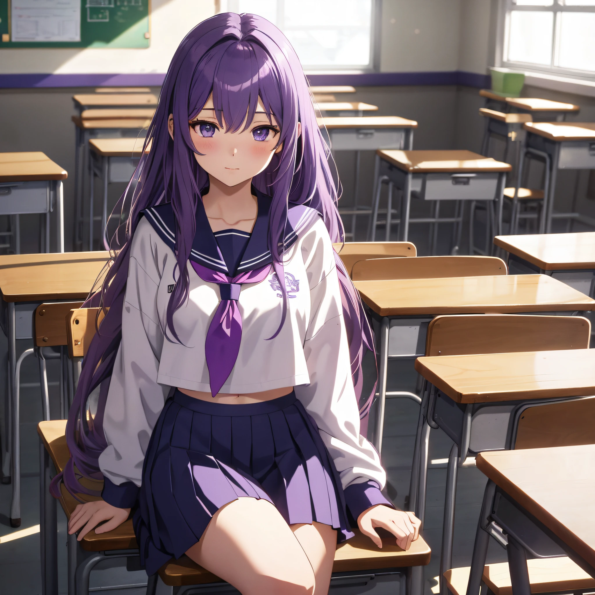 An eighteen-year-old young woman with long purple hair in a sailor suit sits in a classroom (school 1.5 in the background) (expression serious, cold 1.5) (best quality: 1.1) (masterpiece: 1.3) with an unparalleled masterpiece, surreal 8K, perfect artwork, super detail, best quality, masterpiece 4K wallpaper aesthetics, masterpiece, award-winning artwork, official art, cinematic lighting