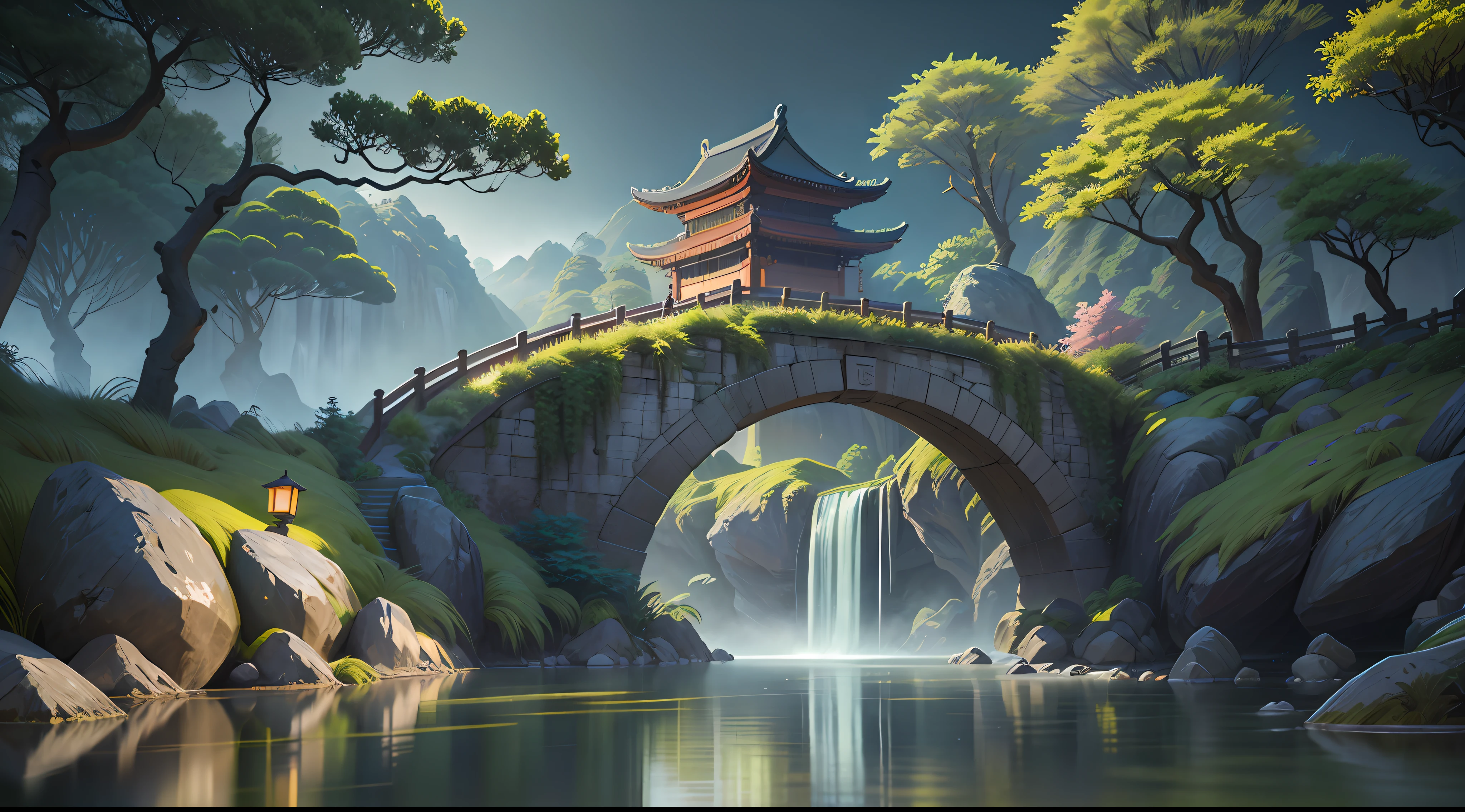 Ancient Chinese architecture, simple colors, cool tones, dark night, garden, bamboo, lake, stone bridge, rockery, arch, corner, tree, running water, landscape, outdoor, waterfall, grass, rock, dense fog, (illustration: 1.0), epic composition, HD detail, masterpiece, best quality, (very detailed CG unity 8k wallpaper) --v 6