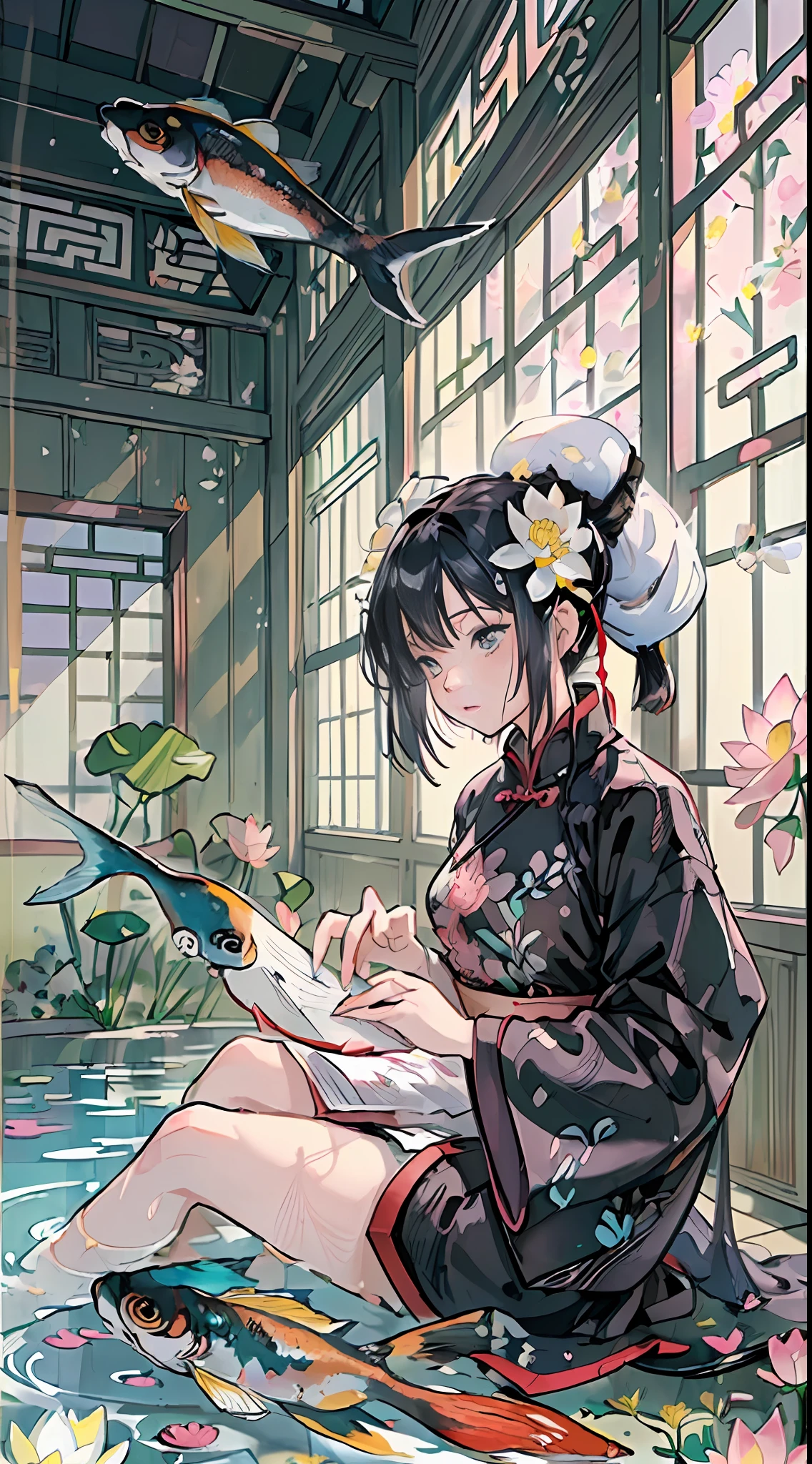 (Art: Yaguru Magiku, (001Glitch-core, Dreamcore), 8sconception, Alberto-Mielgo, anime-background-style-v2, Super Quality, Vaporwave, Synth Wave, Weirdcore, dreamy, full body, (Core background: 1.25), Water ring, Visual effects: Cinematic lighting, [[red, blue, green, yellow, black, white, pink, purple, denim shot, ((color)), ink painting, delicate and beautiful girl, ((illustration)), ((floating hair)), ((chromatic aberration)]] (sitting in pool with lotus: 1.1), (barefoot: 1.0), (Chinese garden: 1.0), wet (((paper cutting art)), Chinese, red and white, paper cutting, calligraphy, man and wife, (flowers, insects and fish),
