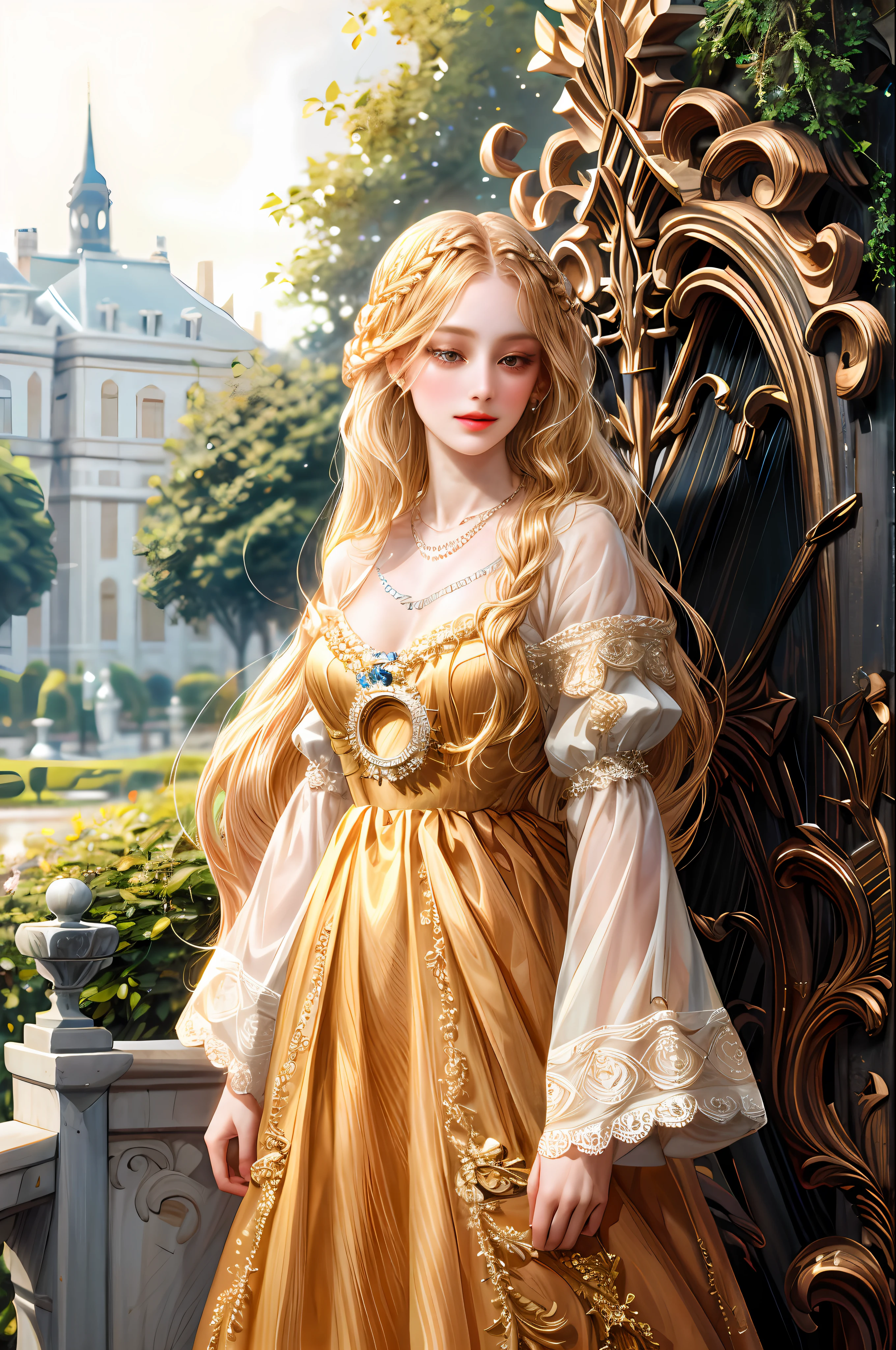 (absurdres, highres, ultra detailed), 1girl, solo, mature, (very long hair, blonde hair), Baroque, Necklace, long dress, long sleeve, elegant, colorful, highest detailed, upper body, outdoors, garden