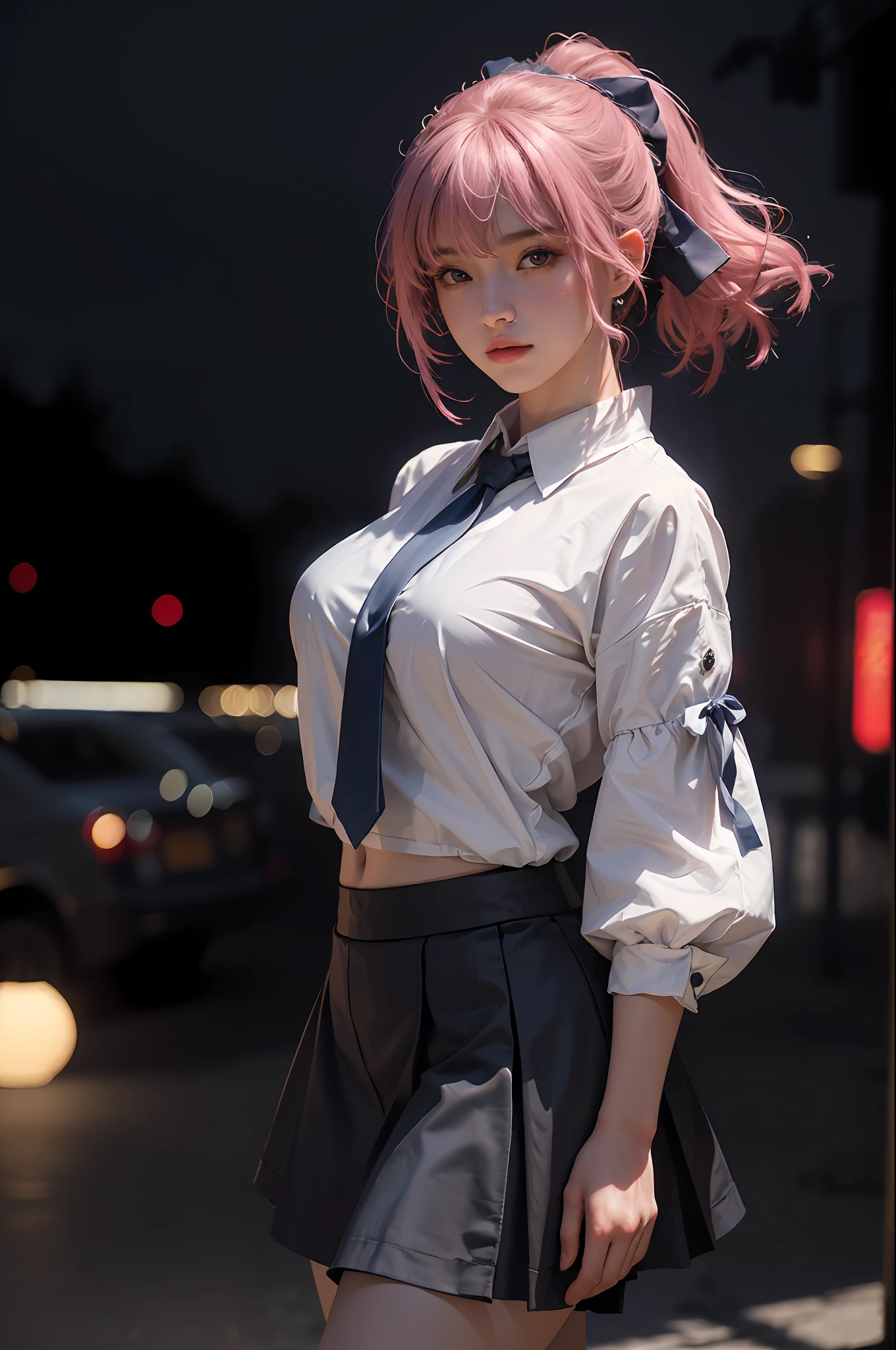 (RAW photo, 4k, masterpiece, high resolution, extremely complex) (realistic: 1.4), cinematic lighting
1 Girl, Single Focus, Summer Noon, Hot, 1990s\(Style\), Big Breast, (8K, RAW photo, Best Quality, Masterpiece:1.3), (Realistic, Photo-Realistic:1.37), (Night), (Looking at Viewer:1.331), (Pink Hair), Posing, Shanghai street,nightcityscape, cyberpunk city,soft light,1girl,extremely beautiful face,bust,Random hairstyle,Random expression,big eyes,bow,lower abdomen,(short-sleeved . JK_shirt),JK_style,(dark blue JK_skirt) ,(bow JK_tie),mix4..