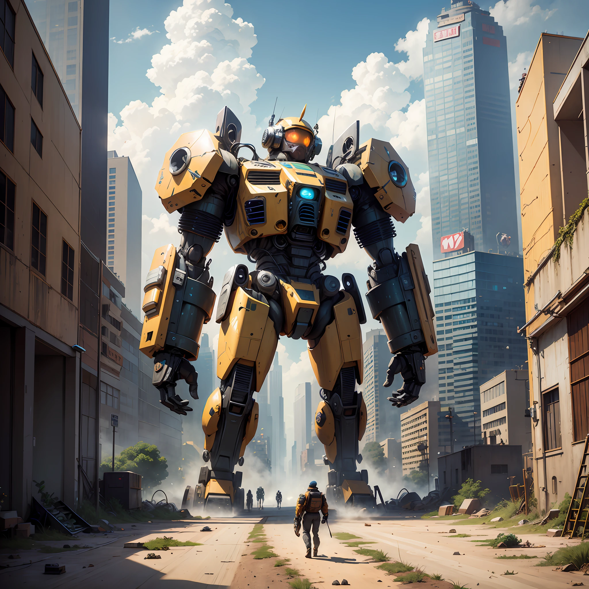 there is a giant robot that is standing in the middle of a street, giant mech, an anime large mecha robot, big mecha, yellow mech, giant anime mecha, full body mech, giant mecha robot, giant robot mech, discarded mech in background, mech suit, wojtek fus, cinematic beeple, battlemech