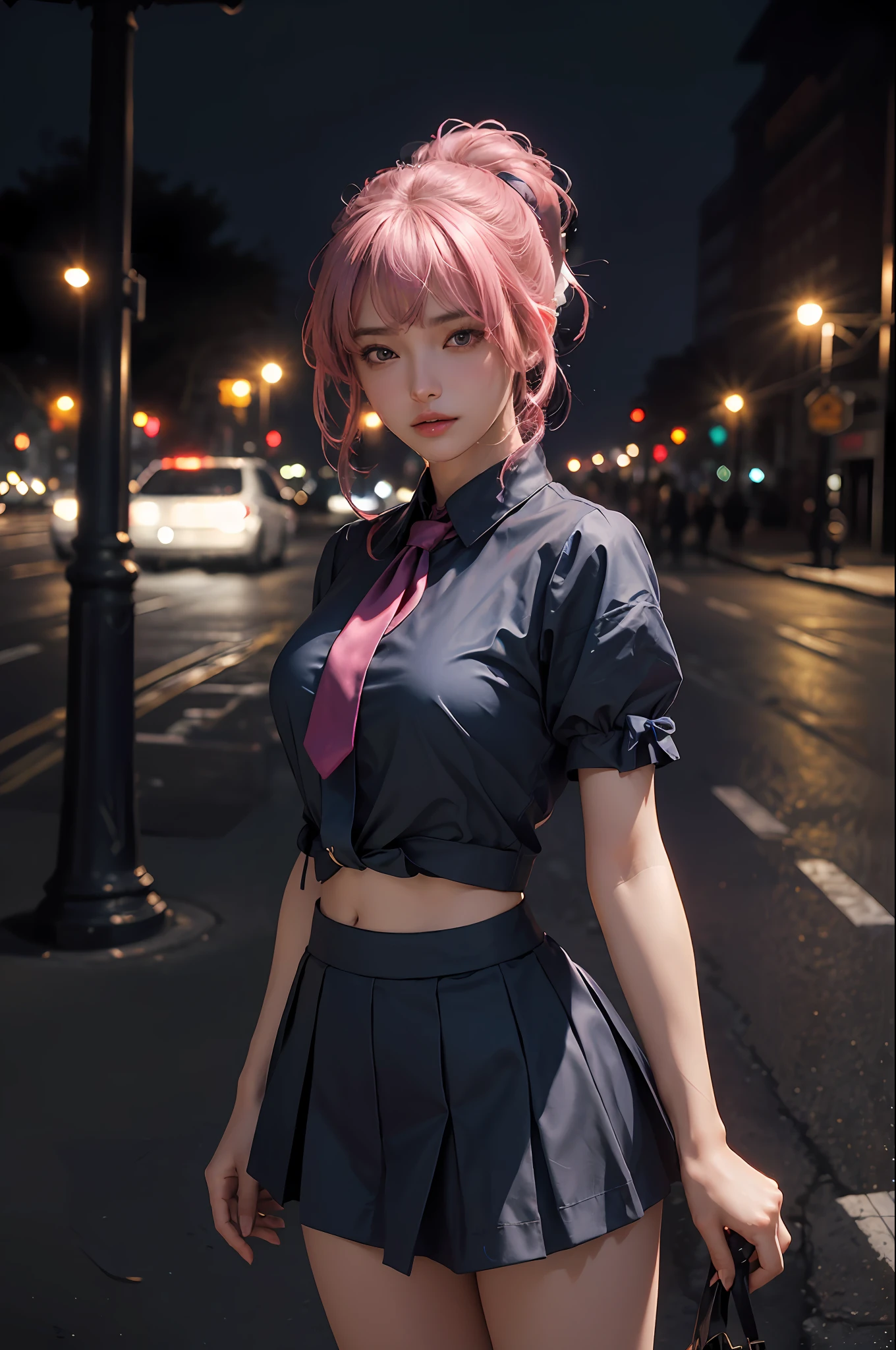 (RAW photo, 4k, masterpiece, high resolution, extremely complex) (realistic: 1.4), cinematic lighting
1 Girl, Single Focus, Summer Noon, Hot, 1990s\(Style\), Big Breast, (8K, RAW photo, Best Quality, Masterpiece:1.3), (Realistic, Photo-Realistic:1.37), (Night), (Looking at Viewer:1.331), (Pink Hair), Posing, Shanghai street,nightcityscape, cyberpunk city,soft light,1girl,extremely beautiful face,bust,Random hairstyle,Random expression,big eyes,bow,lower abdomen,(short-sleeved . JK_shirt),JK_style,(dark blue JK_skirt) ,(bow JK_tie),mix4..