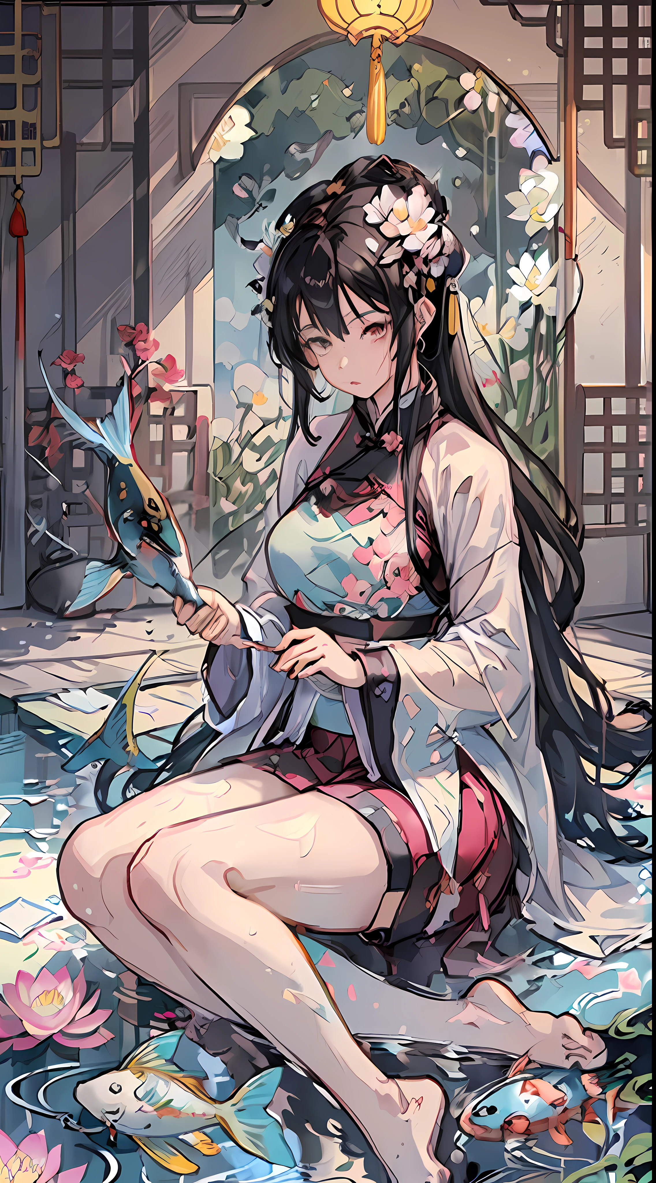 (Art: Yaguru Magiku, (001Glitch-core, Dreamcore), 8sconception, Alberto-Mielgo, anime-background-style-v2, Super Quality, Vaporwave, Synth Wave, Weirdcore, dreamy, full body, (Core background: 1.25), Water ring, Visual effects: Cinematic lighting, [[red, blue, green, yellow, black, white, pink, purple, denim shot, ((color)), ink painting, delicate and beautiful girl, ((illustration)), ((floating hair)), ((chromatic aberration)]] (sitting in pool with lotus: 1.1), (barefoot: 1.0), (Chinese garden: 1.0), wet (((paper cutting art)), Chinese, red and white, paper cutting, calligraphy, man and wife, (flowers, insects and fish),