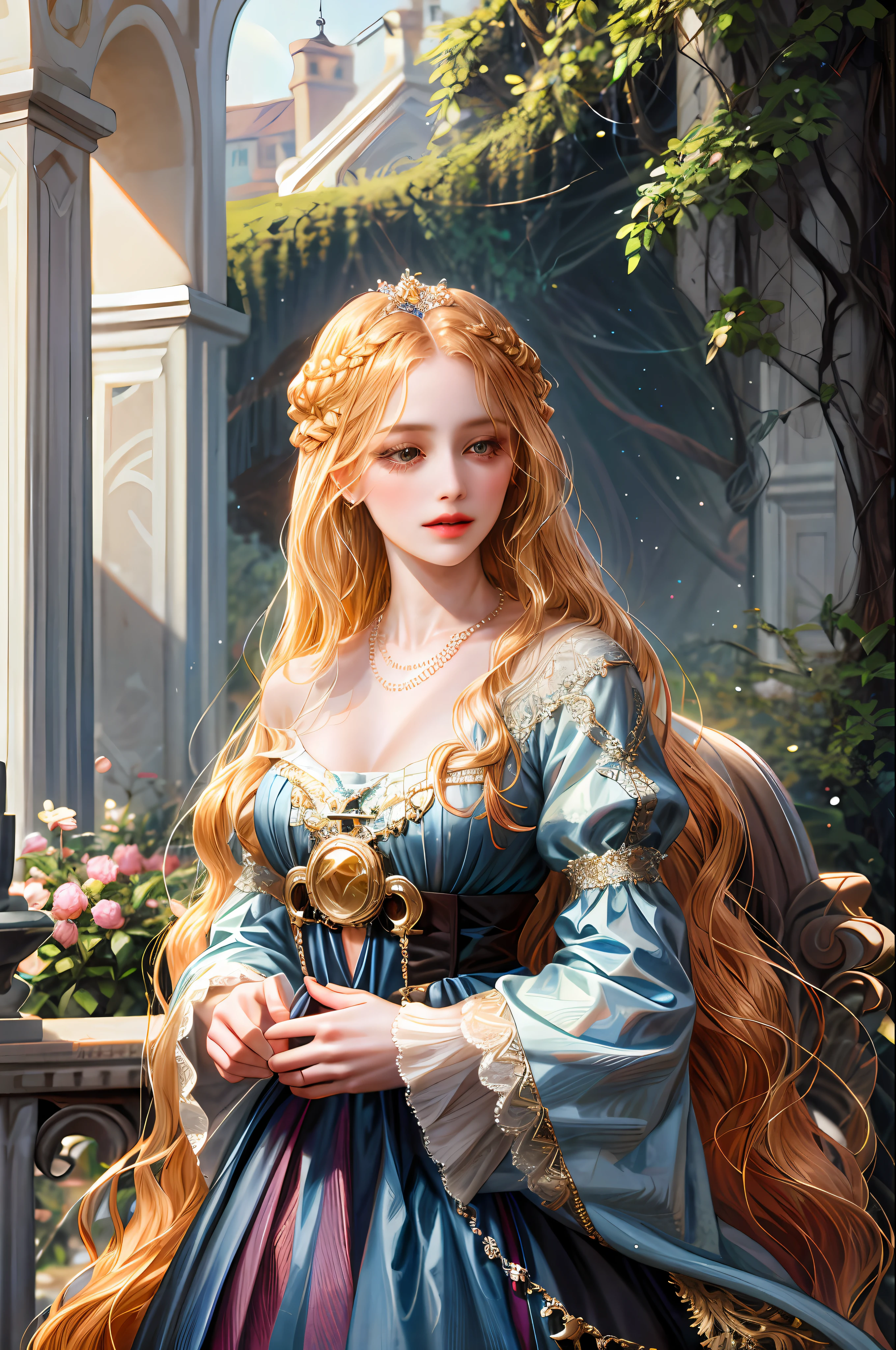 (absurdres, highres, ultra detailed), 1girl, solo, mature, (very long hair, blonde hair), Baroque, Necklace, long dress, long sleeve, elegant, colorful, highest detailed, upper body, outdoors, garden