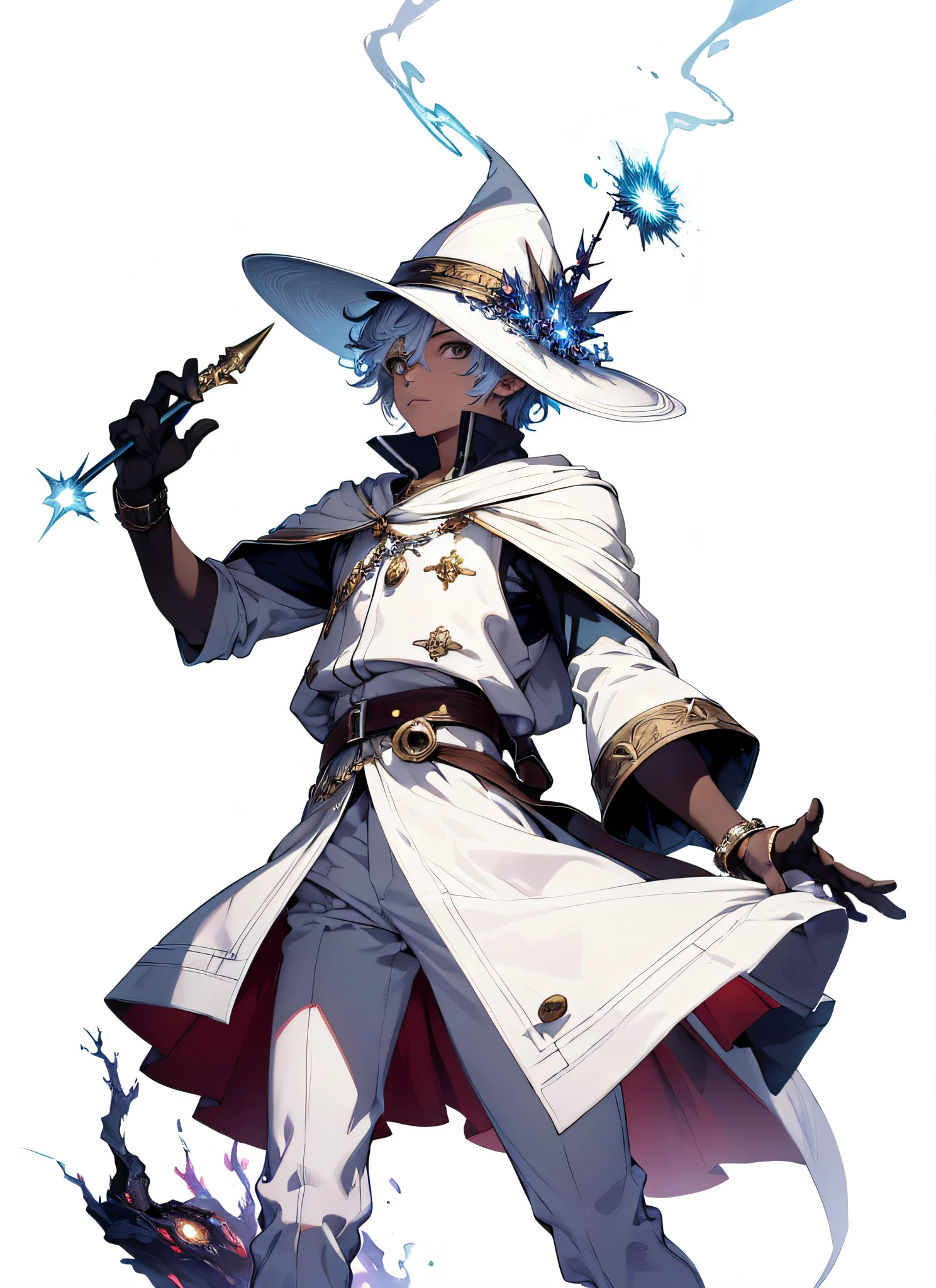 (absurdres, highres, ultra detailed), masterpiece, best quality, a boy in a hat and a white outfit, wizard, solo, handsome, short hair, finely eye, detailed face, magic wand, standing, lift arm, demon hand, spark, swirl, magic vortex, dark background, dramatic sky