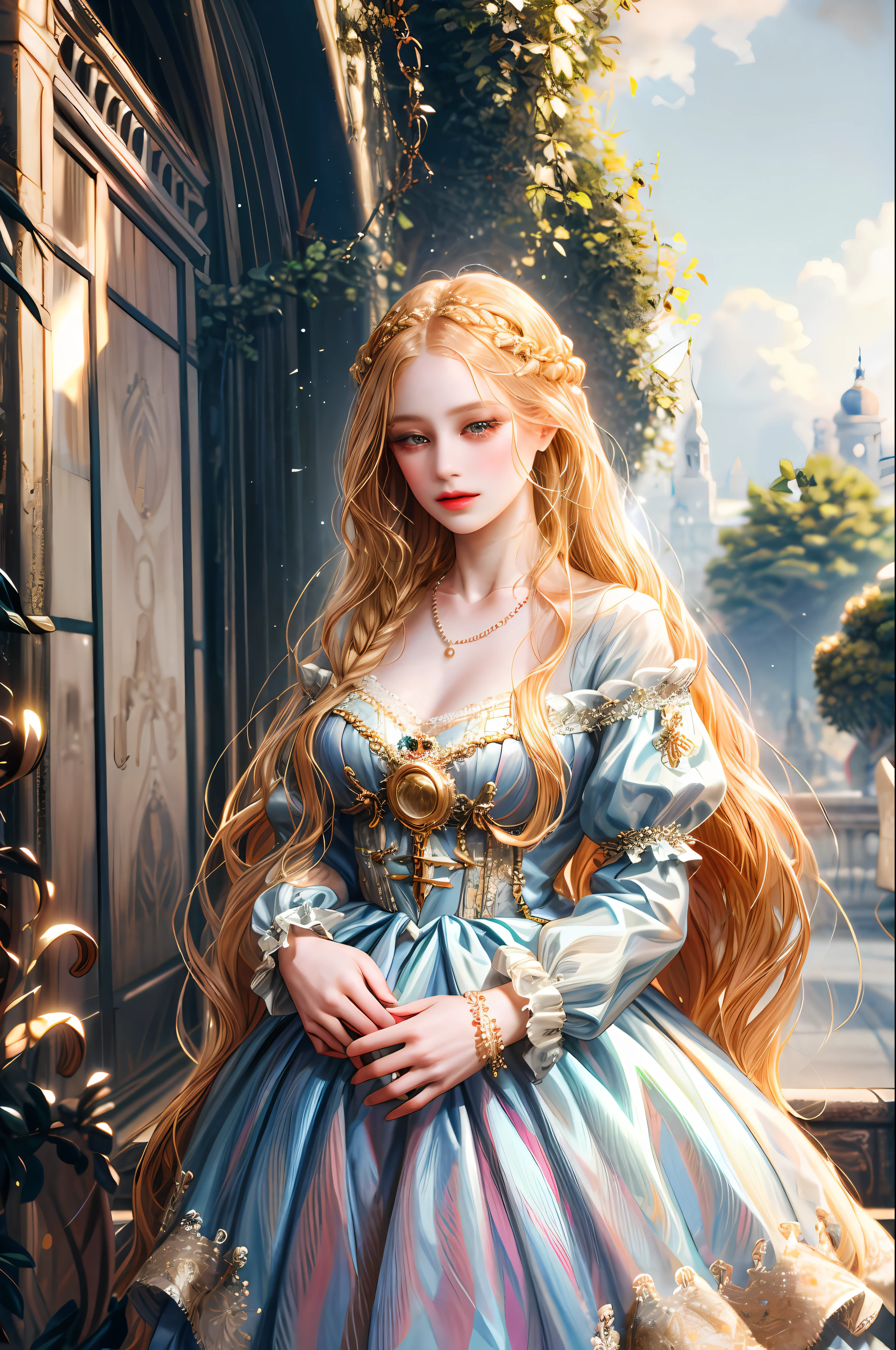 (absurdres, highres, ultra detailed), 1girl, solo, mature, (very long hair, blonde hair), Baroque, Necklace, long dress, long sleeve, elegant, colorful, highest detailed, upper body, outdoors, garden
