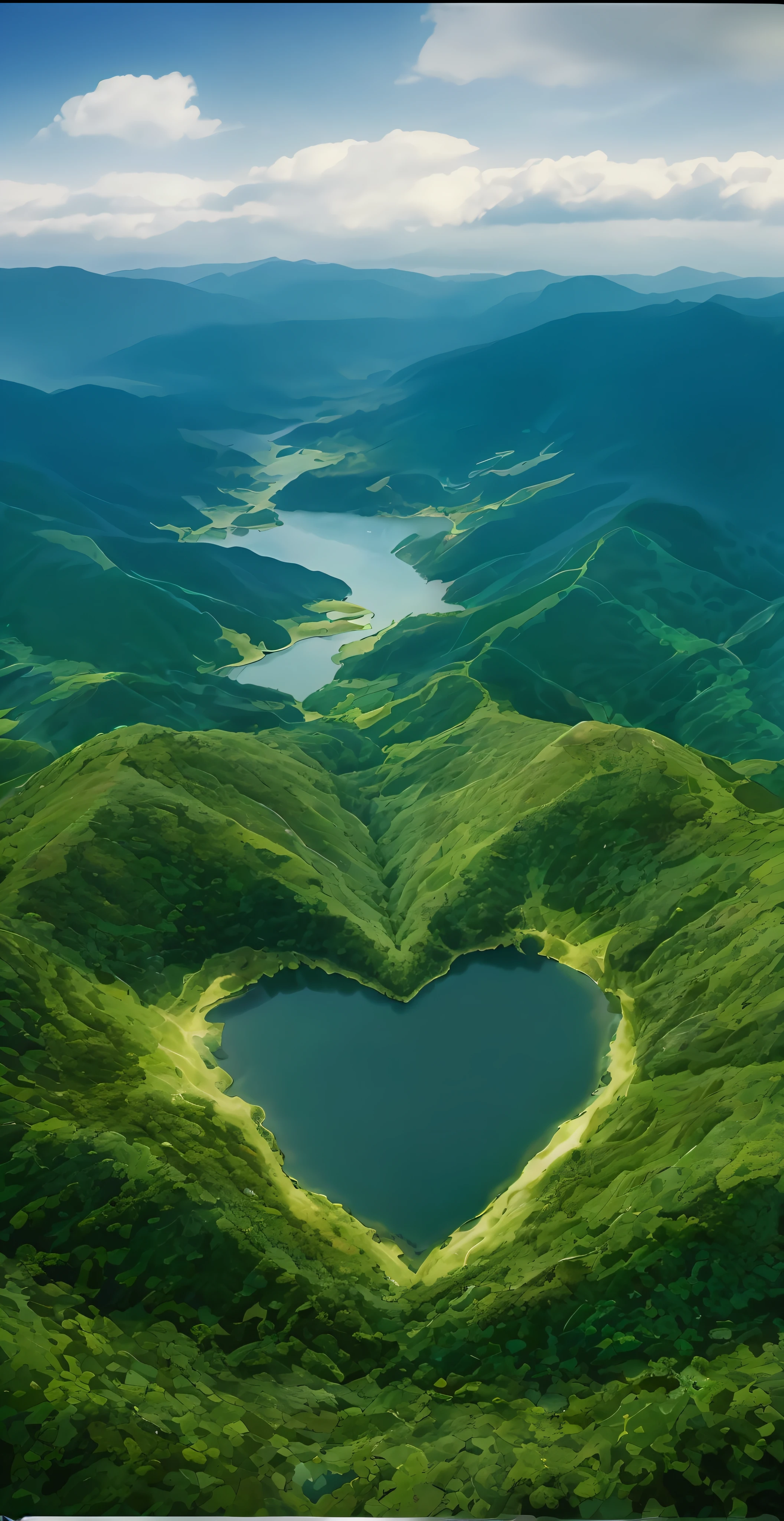 arafed view of a heart shaped lake in the middle of a green valley, really beautiful nature, beautiful nature, unbelievably beautiful, absolutely outstanding image, stunning nature in background, lovely valley, beautiful environment, nature in all its beauty, beautiful place, japan mountains, nature wallpaper, very beautiful!! aerial shot, incredibly beautiful, a lake between mountains, amazing depth