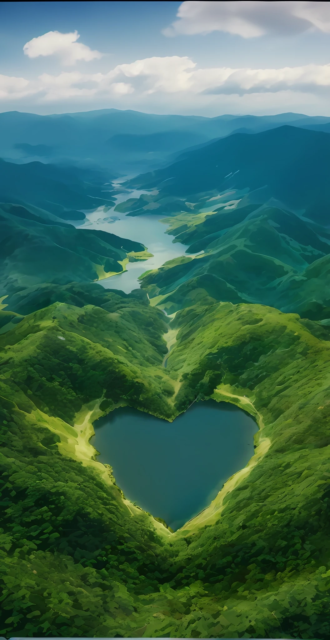 arafed view of a heart shaped lake in the middle of a green valley, really beautiful nature, beautiful nature, unbelievably beautiful, absolutely outstanding image, stunning nature in background, lovely valley, beautiful environment, nature in all its beauty, beautiful place, japan mountains, nature wallpaper, very beautiful!! aerial shot, incredibly beautiful, a lake between mountains, amazing depth