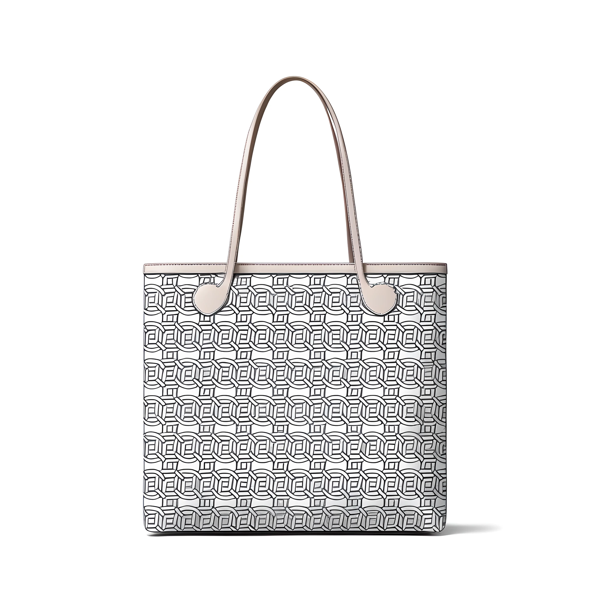 Drawing of white bag with pattern, icon pattern, bag, handbag, made with illustrator, fluid bag, line art - N 9, bag, design on white background, clear 8K line art, white background, line sketch, 4D, vegetable tanned leather tote strap, light gray bag body, lines dark gray,