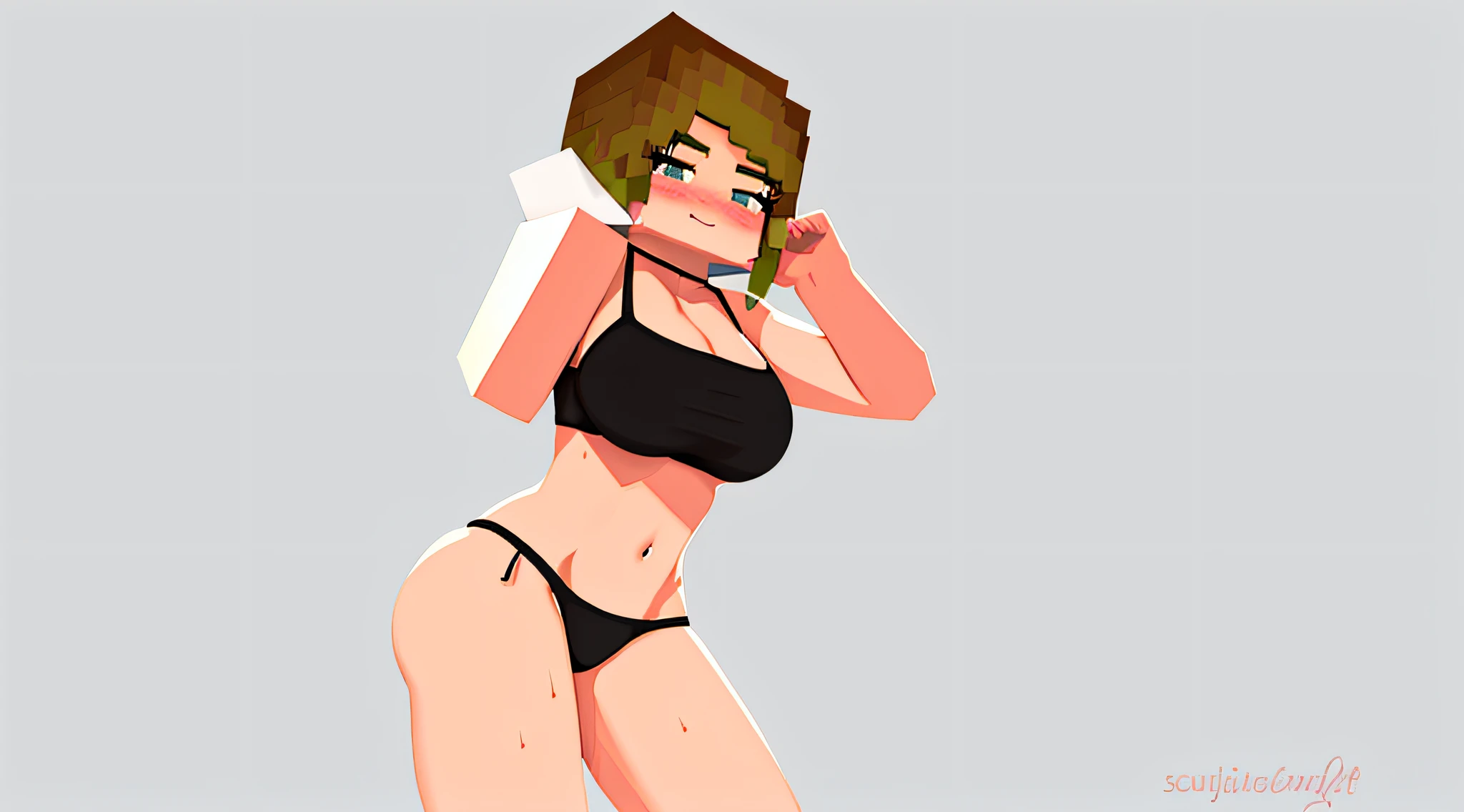 masterpiece, best quality, 1girl, minecraft jenny, bikini, blush, breasts, light skin, lewd, grey background, large breasts, looking at viewer, sweat, thighs, pointing at self