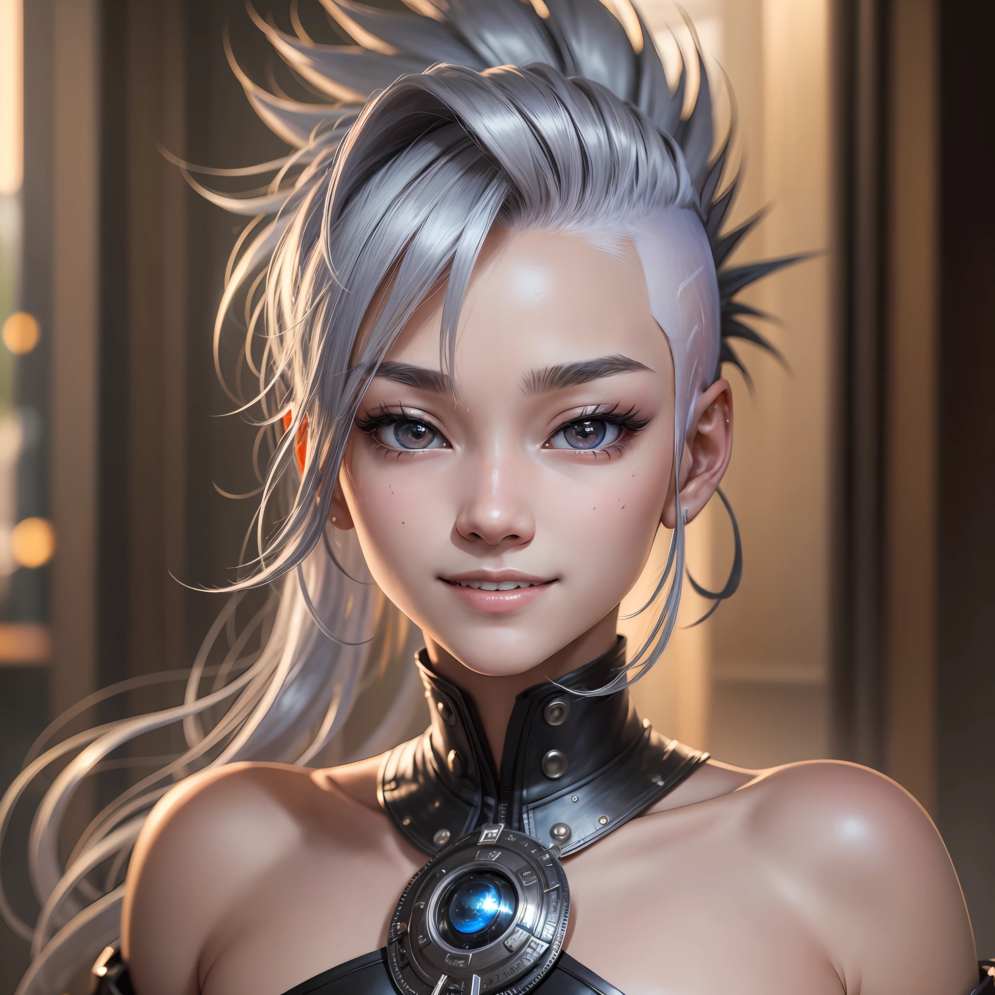 8k, best quality, masterpiece, realistic, ultra detail,  photography, HDR, ROW photo, highres, absurdres, cinematic light, official art, depth of field,
close-up, slender, cute face, smile, beautiful details eyes, 19years old korean, pretty, Mohawk with silver color, --auto --s2