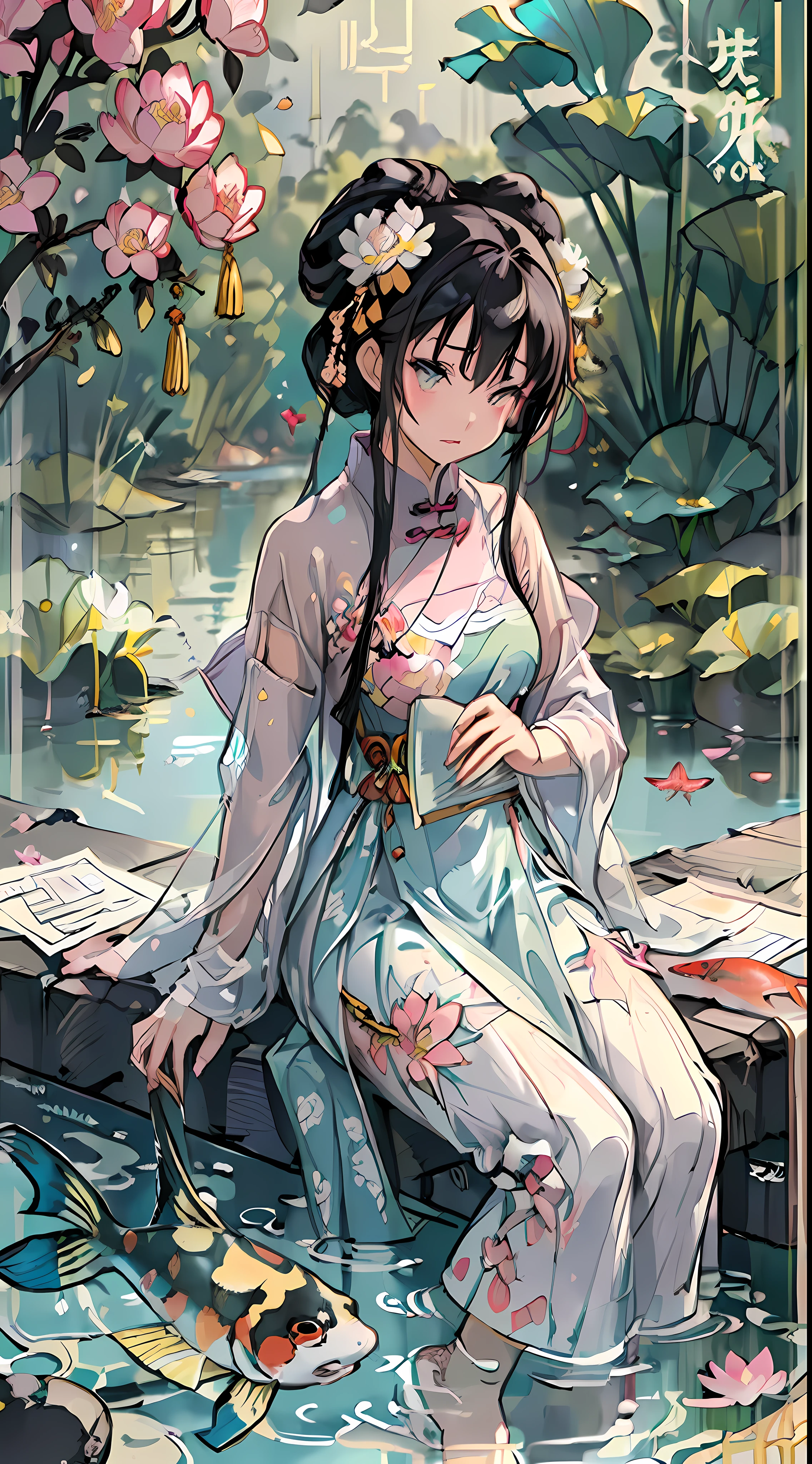 (Art: Yaguru Magiku, (001Glitch-core, Dreamcore), 8sconception, Alberto-Mielgo, anime-background-style-v2, Super Quality, Vaporwave, Synth Wave, Weirdcore, dreamy, full body, (Core background: 1.25), Water ring, Visual effects: Cinematic lighting, [[red, blue, green, yellow, black, white, pink, purple, denim shot, ((color)), ink painting, delicate and beautiful girl, ((illustration)), ((floating hair)), ((chromatic aberration)]] (sitting in pool with lotus: 1.1), (barefoot: 1.0), (Chinese garden: 1.0), wet (((paper cutting art)), Chinese, red and white, paper cutting, calligraphy, man and wife, (flowers, insects and fish),
