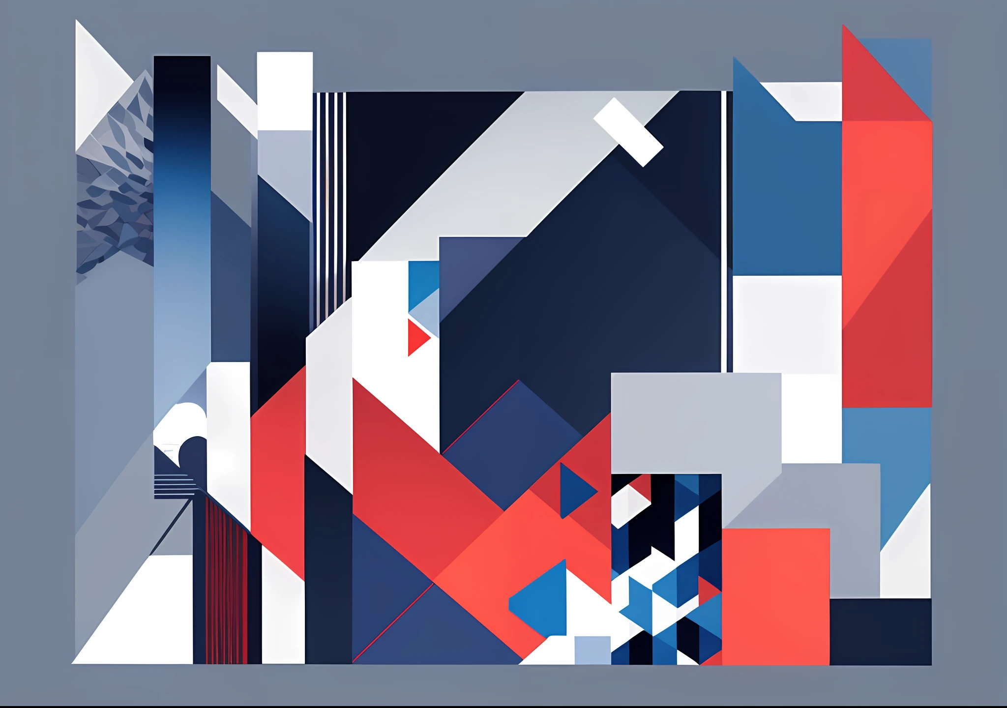 geometric simplified illustration, stripes, triangles, shapes, abstraction, dark blue, red, white --auto --s2