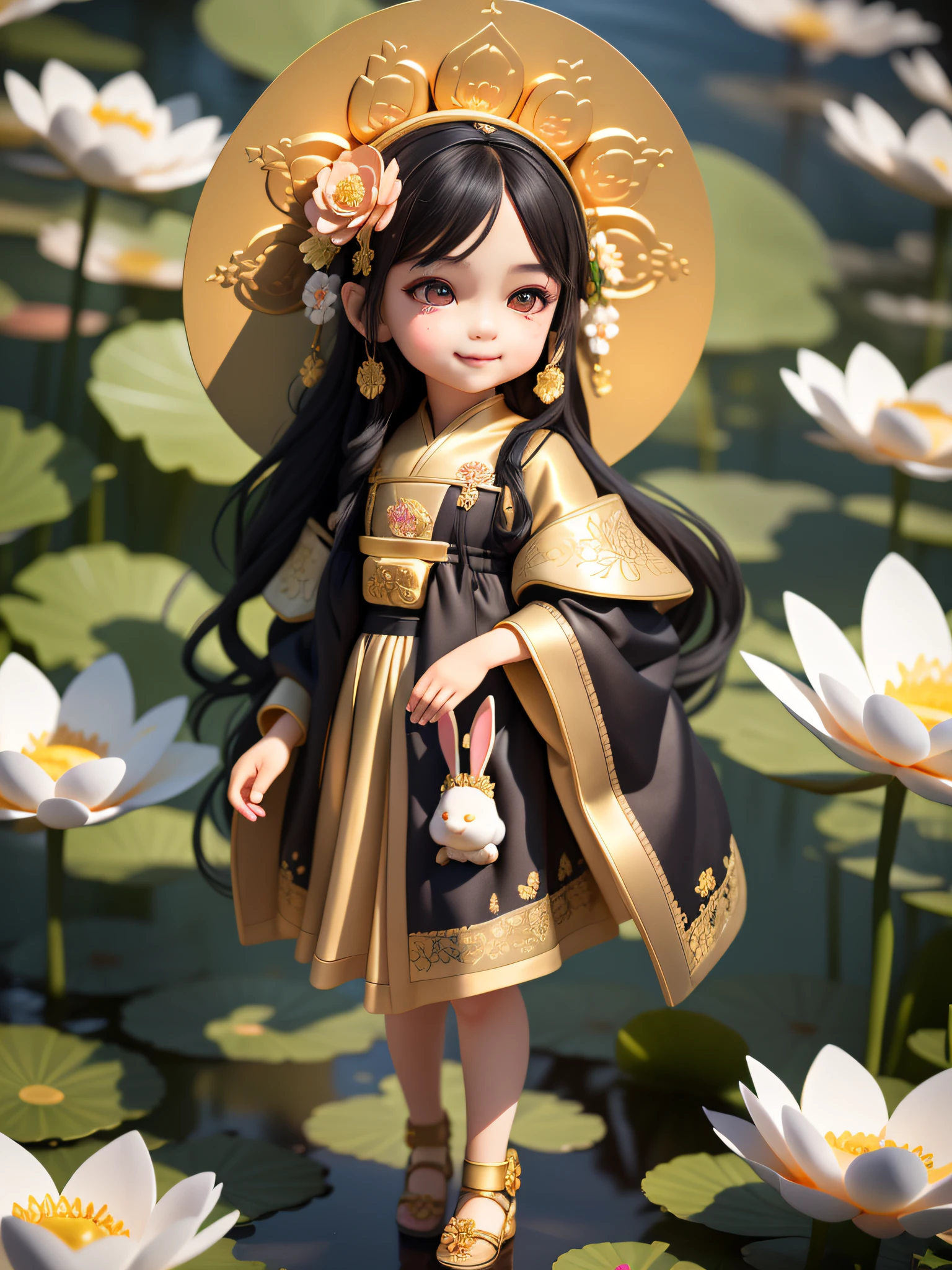 (masterpiece), (best quality), (super detail), (full body: 1.2), one very cute little girl with black hair and blush, lotus flower, outdoors, god, black hair, blush sticker, golden robes, flowers (beautiful detailed face), (beautiful detailed eyes), smile, hugging stuffed rabbit,