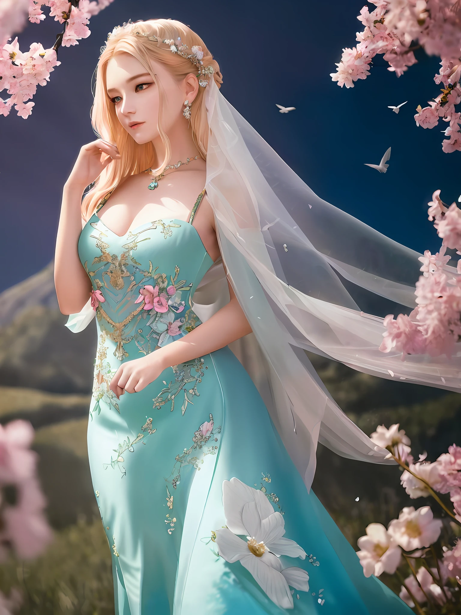 Masterpiece, highest quality, solo, (perfect face: 1.1), (high detail: 1.1), dramatic, dynamic pose, 1girl, breasts, blonde hair, bright blue eyes, solo, cleavage, delicate and characteristic pretty face, long hair, curved, small breasts, hanfu, thighs, intricate patterns, bare shoulders, slender and tall figure, pink lips, she is like a fairy in the mortal world, elegant and elegant. Her dress was made of silk and dyed a soft pink color to match the glow of the sky. The dress has intricate embroidery of flowers and birds, showing her elegant taste and noble status. She wore a jade-colored hairpin on her long black hair, which fluttered behind her as she ran. Her face is delicate and flawless, with bright eyes and rosy lips. She smiled and enjoyed the freedom and beauty of nature. The fields are covered with green grass and colorful wildflowers that sway in the breeze. The sun sets behind the mountains, casting a warm glow on the entire scene. She looks like a painting, a dream, a poem.