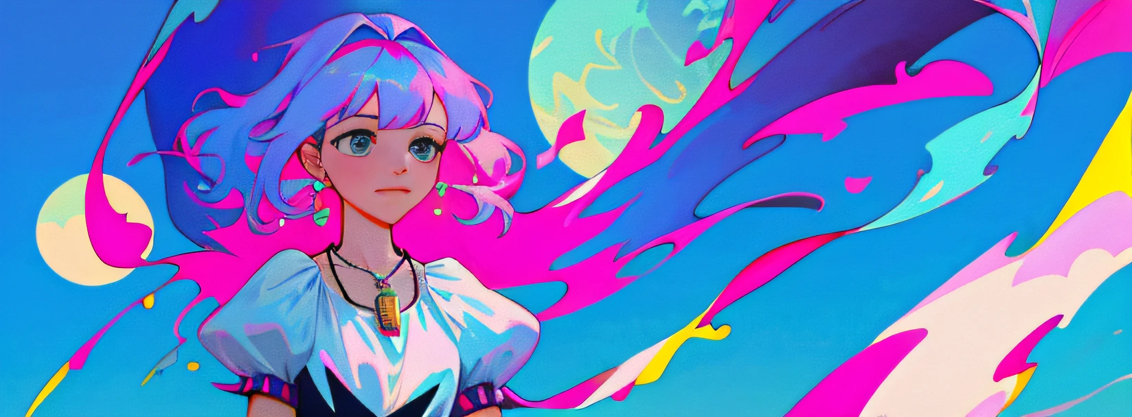 ((Ultra-detailed CG Unity 8K wallpaper, best quality, masterpiece)), extremely delicate beauty, floating, high resolution,
[(1 girl), (multi-colored hair + blue hair: 1.2 + pink hair: 1.2 + purple + gray hair: 1.2), (delicate beautiful eyes: 1.1), black necklace, pink ribbon, dynamic pose, delicate stockings, long lens]: 0.8. , blue background