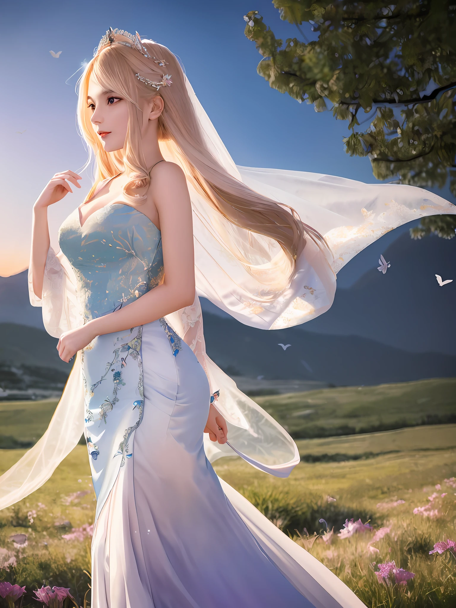 Masterpiece, highest quality, solo, (perfect face: 1.1), (high detail: 1.1), dramatic, dynamic pose, 1girl, breasts, blonde hair, bright blue eyes, solo, cleavage, delicate and characteristic pretty face, long hair, curved, small breasts, hanfu, thighs, intricate patterns, bare shoulders, slender and tall figure, pink lips, she is like a fairy in the mortal world, elegant and elegant. Her dress was made of silk and dyed a soft pink color to match the glow of the sky. The dress has intricate embroidery of flowers and birds, showing her elegant taste and noble status. She wore a jade-colored hairpin on her long black hair, which fluttered behind her as she ran. Her face is delicate and flawless, with bright eyes and rosy lips. She smiled and enjoyed the freedom and beauty of nature. The fields are covered with green grass and colorful wildflowers that sway in the breeze. The sun sets behind the mountains, casting a warm glow on the entire scene. She looks like a painting, a dream, a poem.