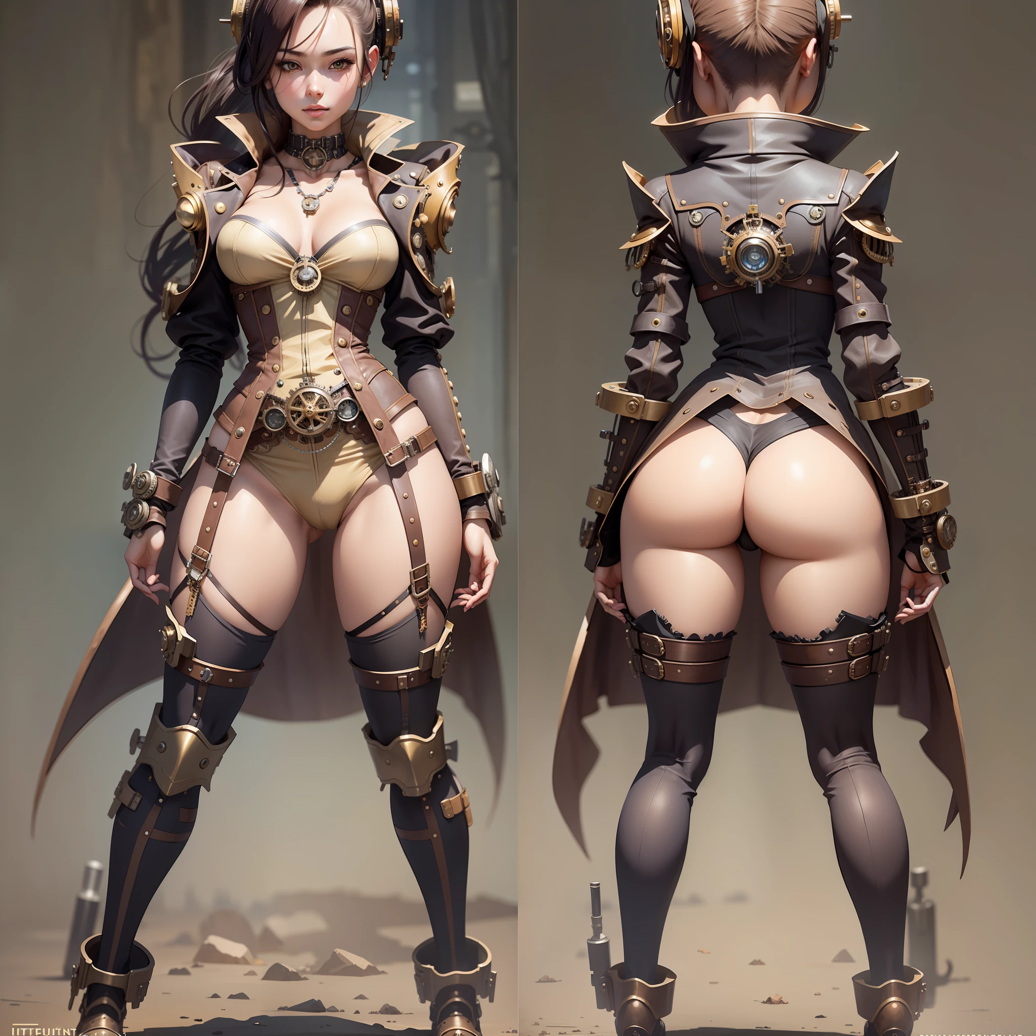 Beautiful full-length young woman, small breasts, anime physique, slim teenure, naked body coat, steampunk details, steampunk elements, steampunk gadgets, front view and back view in one picture, back view ass