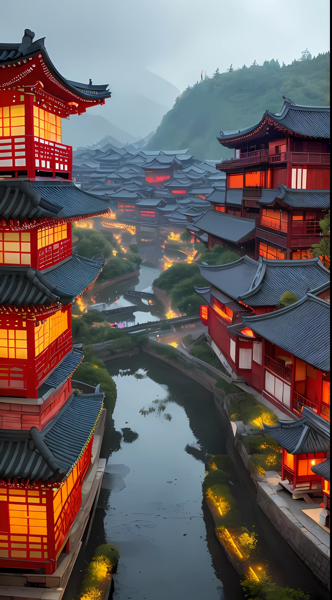 arafed view of a village with a lot of lights on the buildings, dreamy chinese town, chinese village, amazing wallpaper, japanese town, japanese village, hyper realistic photo of a town, old asian village, japanese city, by Raymond Han, rainy evening, cyberpunk chinese ancient castle, beautifully lit buildings, at evening during rain, beautiful and aesthetic, photography, cinematic, 8k, high detailed ((Heavy rain)))