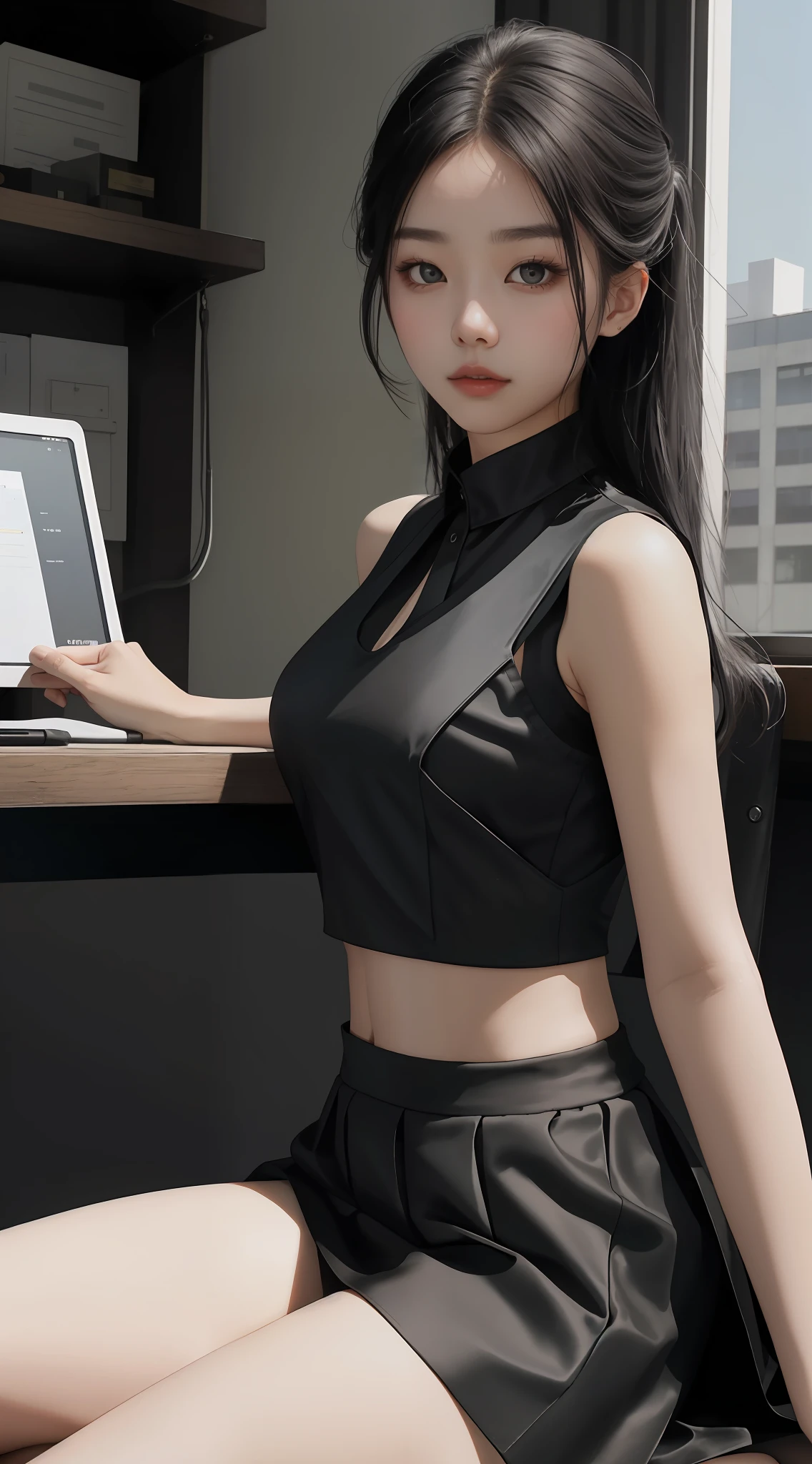 Masterpiece, highest quality, 8k, a woman in a black top and black skirt posing for a photo, black short skirt, wearing black silk, tied with a ball head, tied with a ball head, smooth tight clothing suit, sunny, wearing a low-cut vest, wearing a suspender vest, wearing a camisole in a vest, wearing a vest, wearing a white camisole vest, gorgeous young Korean woman in a crop top and sitting, office in the background, wearing black silk, wearing black silk