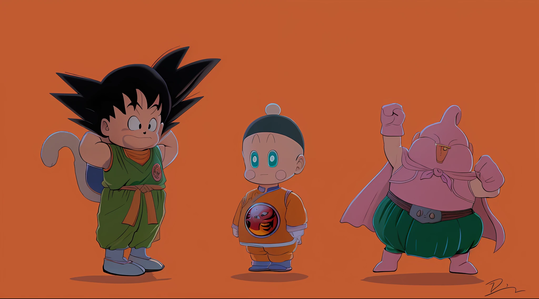 Masterpiece, Best Quality, Official Art, 8k wallpaper, High Detail, Illustrations, Monkey King and Gyozi in Akira Toriyama's Dragon Ball with Majin Buu, Akira Toriyama's manga style