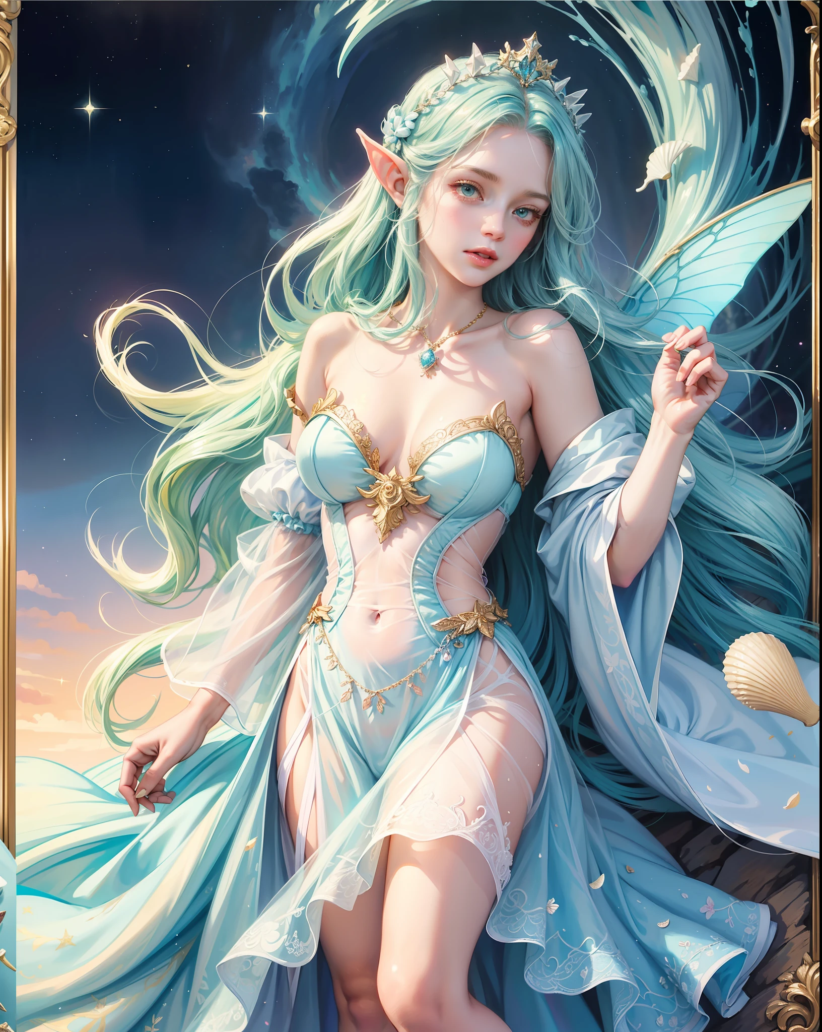 (Princess girl with wing, Blue, Pastel, glitter, dramatic, dreamy, pastel, Watercolor, Whimsical, Delicate, seashell crown, Trending on Artstation, Highly detailed, Intricate, Portrait, digital painting, Fantasy theme, Fantasy robes, Fantasy concept art, Fantasy character art, Smug, age girl, perfect body, full body, dreamy, pastel, Watercolor, Whimsical, Delicate, seashell crown, art by loish and lois van baarle, Trending on Artstation, Highly detailed, Intricate, Portrait, digital painting, fabulously beautiful fairy elf, luminous wings, cute, 8k, ((masterpiece)), (best quality), (detailed), Beautiful, big, lovely eyes, Beautiful, goddess, nature girl, queen, Hyper realistic, HD, cards
