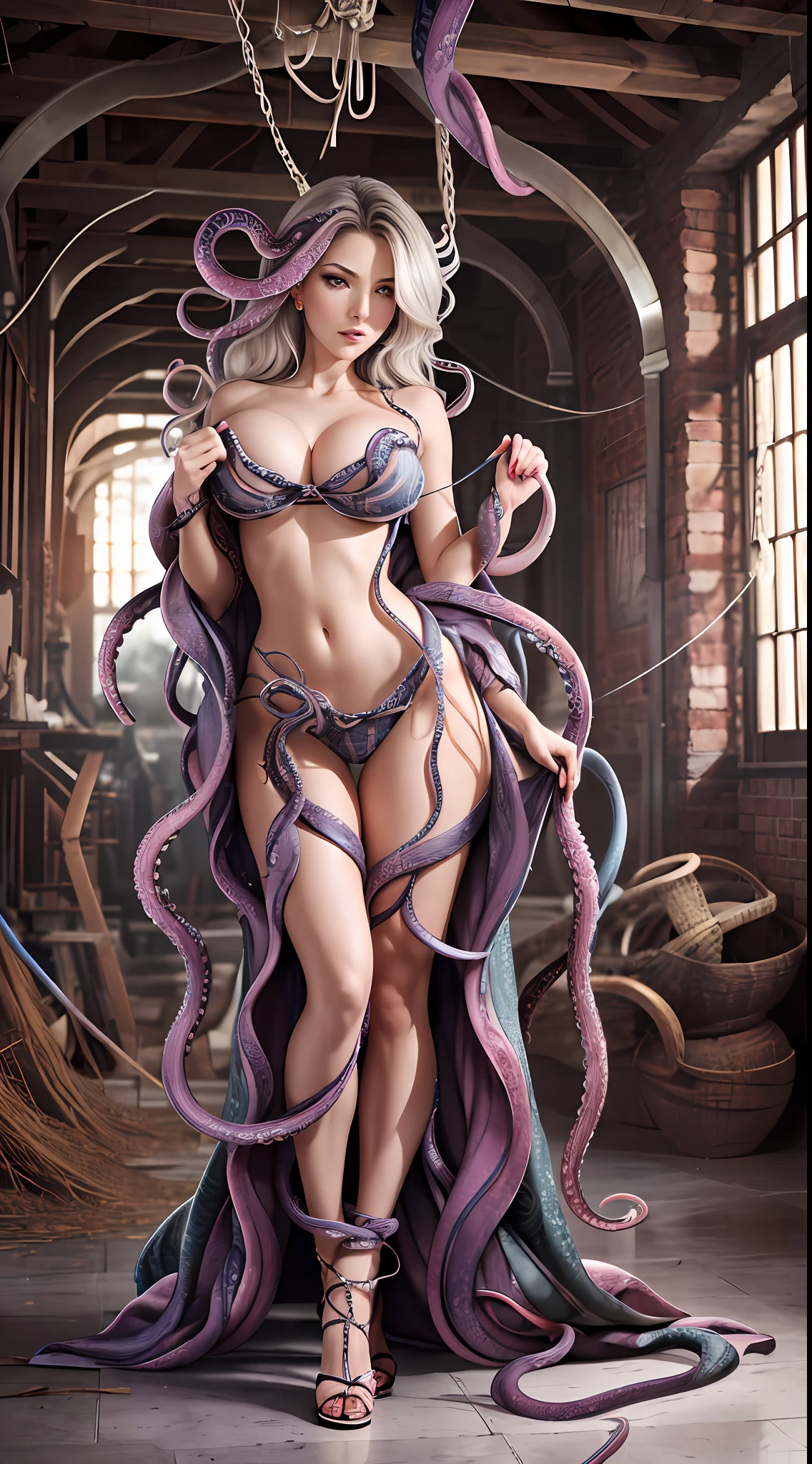 A beauty, (((limbs entangled in tentacles, unable to struggle))), expression pain (complex details), long light gray hair, messy hair, proud figure, (breasts bulge, huge breasts, G_CUP), exposed collarbone, exposed shoulders, exposed navel, ragged clothes, uncovered clothes, clothes are torn, octopus monster in the background, (super sharpness, ultra-high-definition quality), full body photo