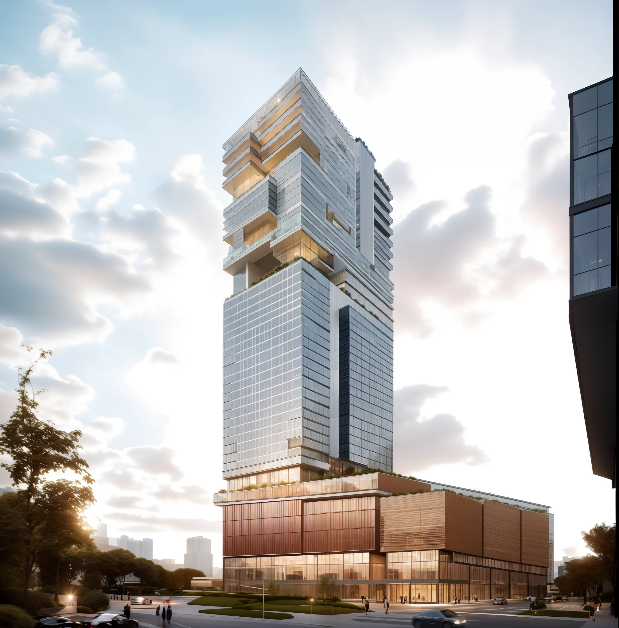 modern condominium tower with big overhang balcony,tree onpbalcony, Realistic black asphalt street with cars, city street with cars and hman, contemporary Singapore apartment, condominium tower with balcony, cutout balcony, a modern condominium in singapore, tower with balcony cutout, glass curtain wall, shopping mall in the bottom, beautiful photo, Realistic render, edge and line enhance, shapener, octane render, ray tracing, 16k, ultra HD, Amazing beautiful modern condominium, perspective view, architectural scene, concrete structure exterior, 2 point perspective view, architectural photography, highrise condominium, Kengo Kuma, green balcony, cityscape in background, ray tracing, striped arrangements, wide angle, cloud, tree, skyscraper, blue sky, city, real world location (Image Sharpener:0.7) brutalism,brick wall,red brick,lattice facade,public building, building, house, outdoors, day,best quality, realistic, photorealistic,ultra detailed,8K,High quality texture,intricate details,detailed texture,finely detailed,photo of building , pixels perfect, sharpen edge, edges sharpener