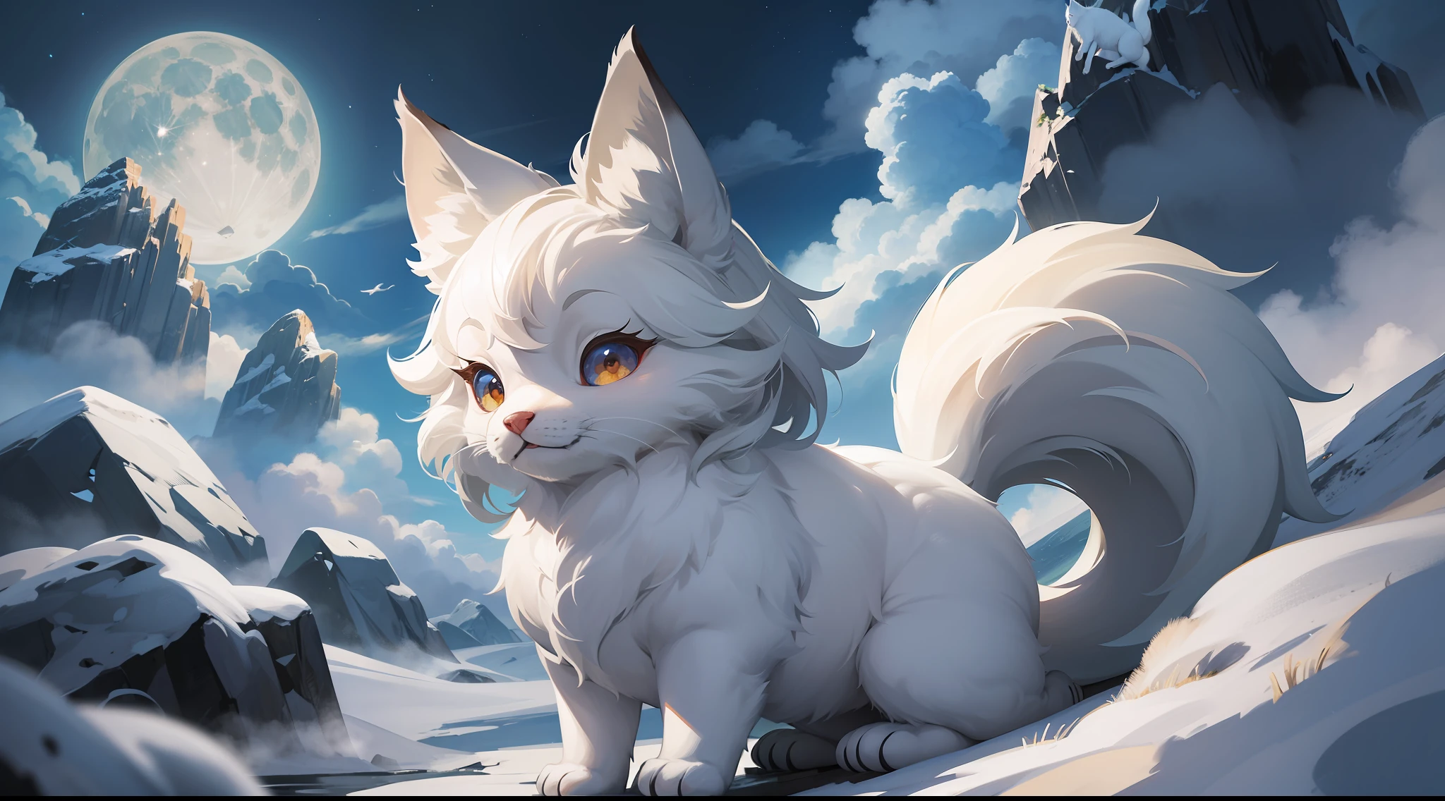 Super huge little white fox, Q version, cute, cute, big eyes, look at me and smile, nine tails, long roar up to the sky, moon, night scene, tumbling heavy sea of clouds at your feet, high mountains, stereoscopic perspective, master works, super fine, 4k resolution, high quality, movie lighting, high picture detail, dynamic perspective, detailed, epic shooting