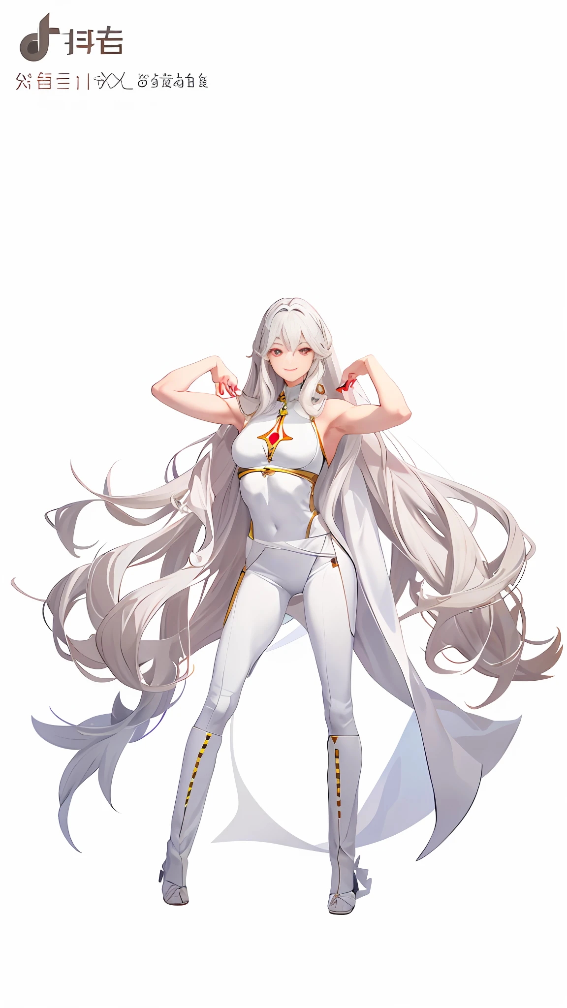 (Fidelity: 1.4), magical, masterpiece, ((female, big)), slim, muscular, sharp ears, light gray skin, long curly white hair, red eyes, smile, be careful, do not disturb, Recite the Pipa, white background