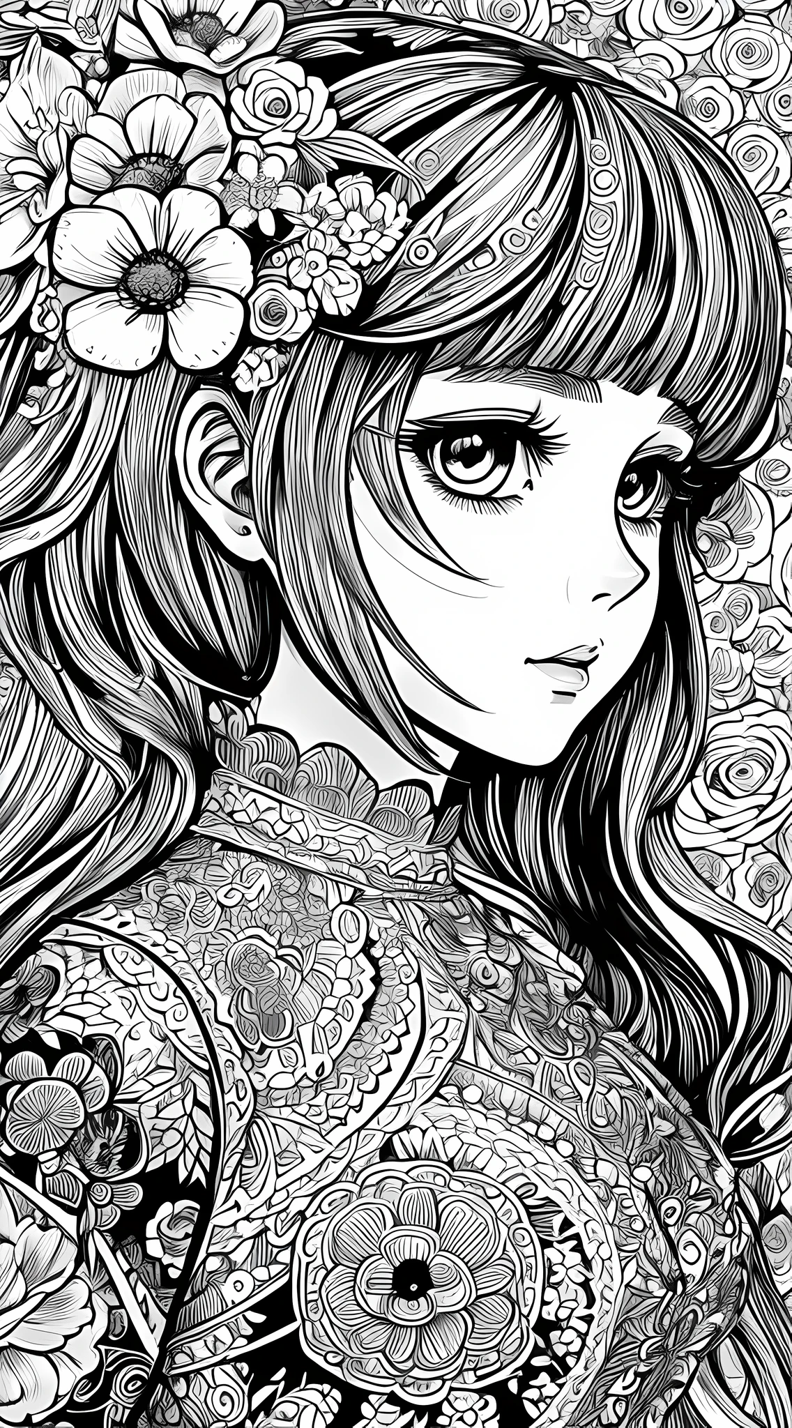 A doll wearing a dress surrounded by flowers and flowers, girl in flowers, extremely fine ink line art, detailed manga style, line art coloring page, black and white coloring, manga style, coloring page, girl made of flowers, complex caricature drawing, exquisite line art, detailed line art, ink caricature drawing, manga illustration, covered with flowers --auto --s2