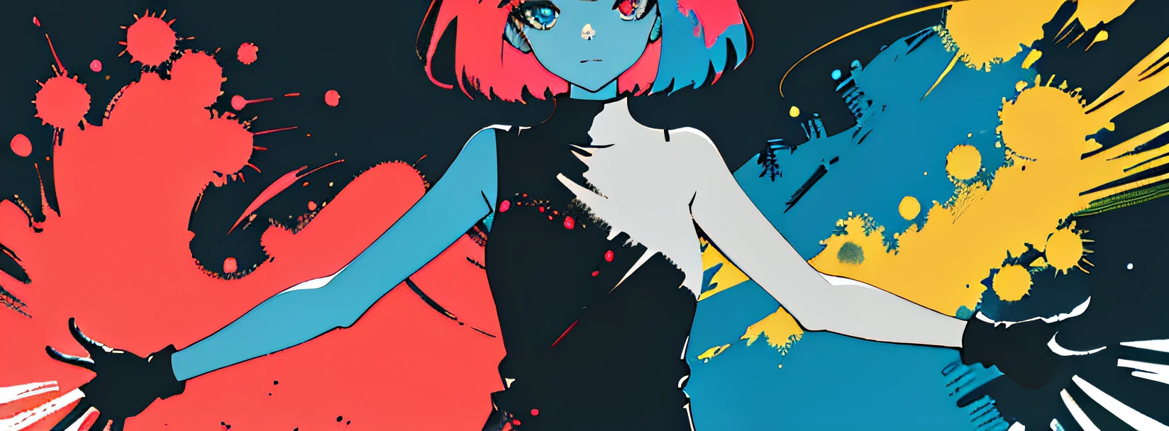super resolution,
1 (slim:1.2) girl, solo, close-up, upper body,
Look at the audience,
Paint splash, multi-color paint, multi-color, colorful, red-blue tones